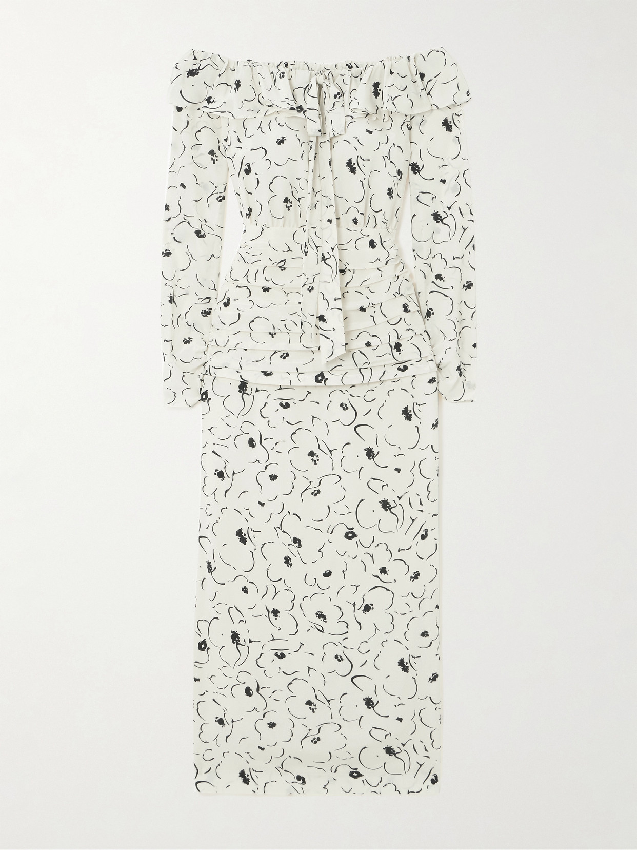 Alessandra Rich Off-the-shoulder Ruffled Floral-print Silk Crepe De Chine Midi Dress In Ivory