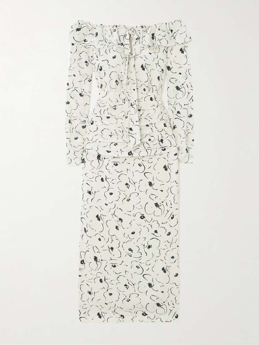 Alessandra Rich Off-the-shoulder Ruffled Floral-print Silk Crepe De Chine Midi Dress