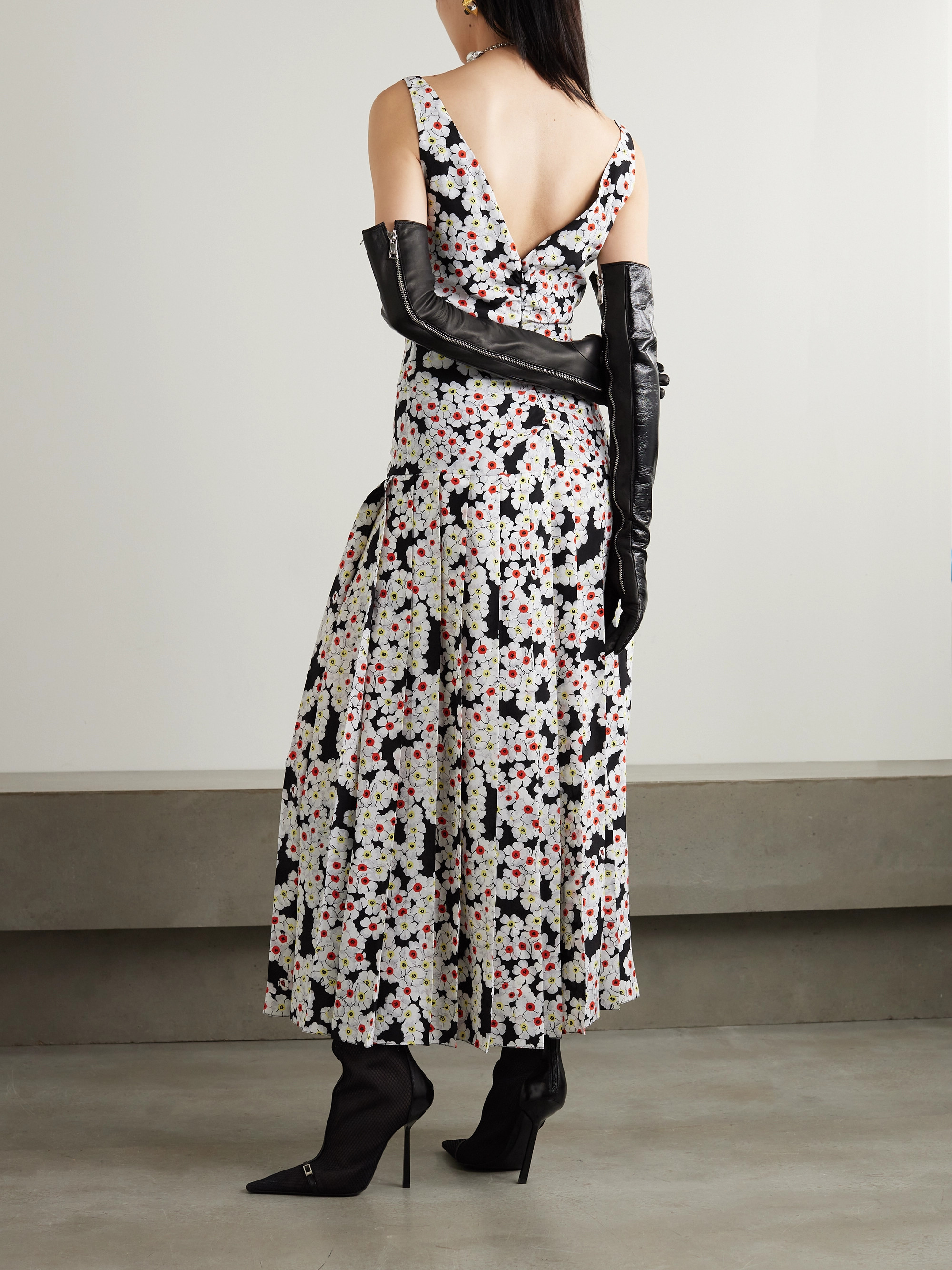 Alessandra Rich Bow-detailed pleated floral-print silk crepe de chine midi dress