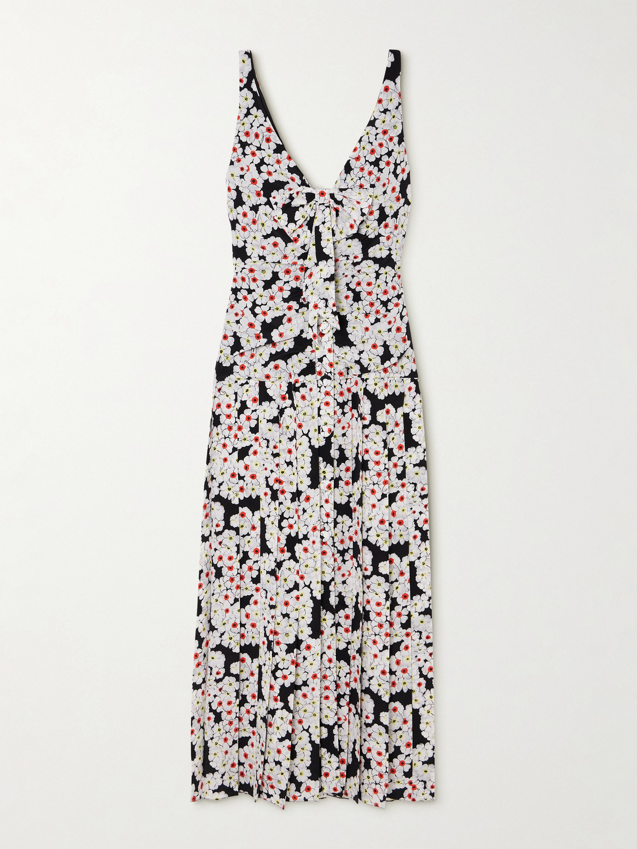 Alessandra Rich Bow-detailed Pleated Floral-print Silk Crepe De Chine Midi Dress In Black