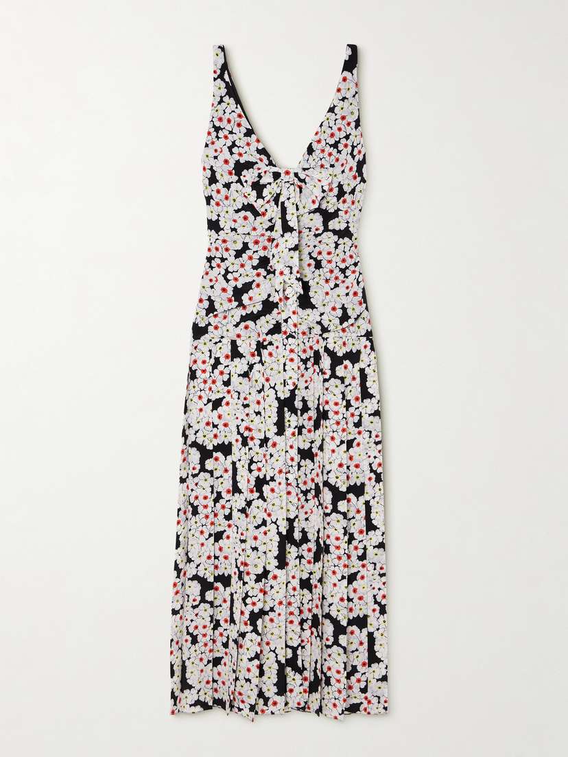 Alessandra Rich Bow-detailed Pleated Floral-print Silk Crepe De Chine Midi Dress