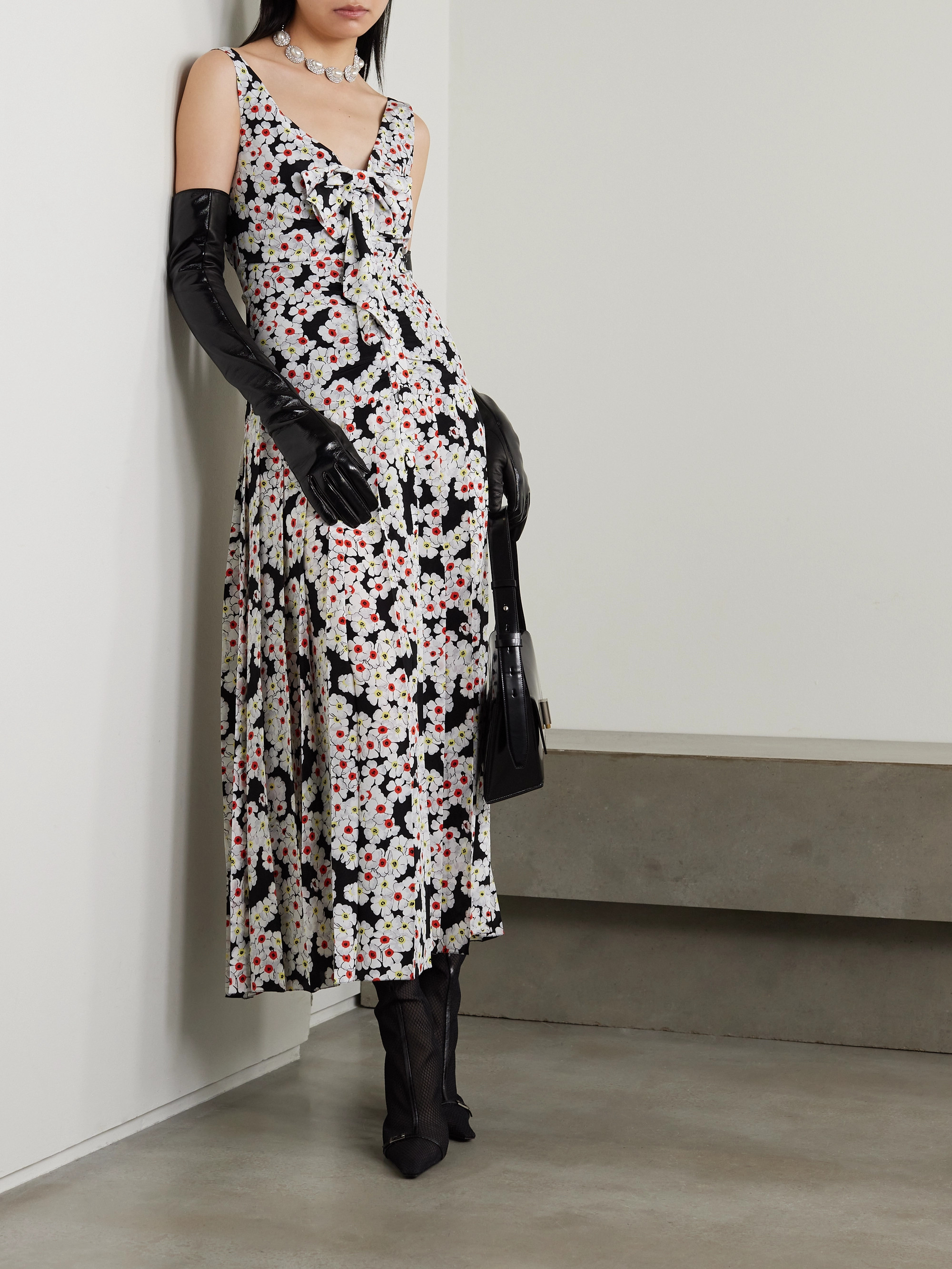 Alessandra Rich Bow-detailed pleated floral-print silk crepe de chine midi dress