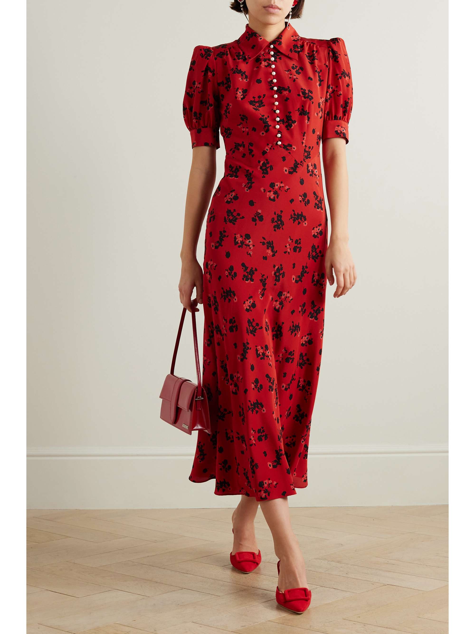 Alessandra Rich Embellished Floral print Silk Crepe de Chine Midi Dress Women Red Dresses Xs