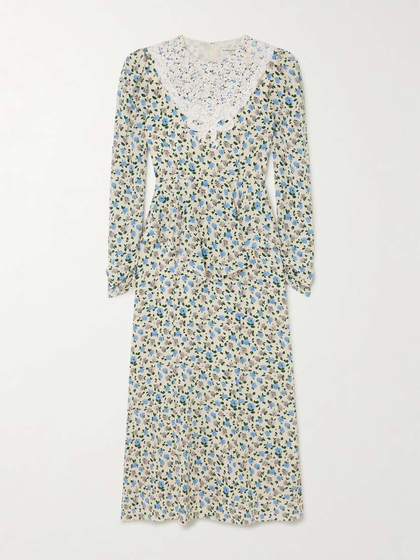 Alessandra Rich Appliquéd Lace-trimmed Floral-print Silk Crepe De Chine Midi Dress