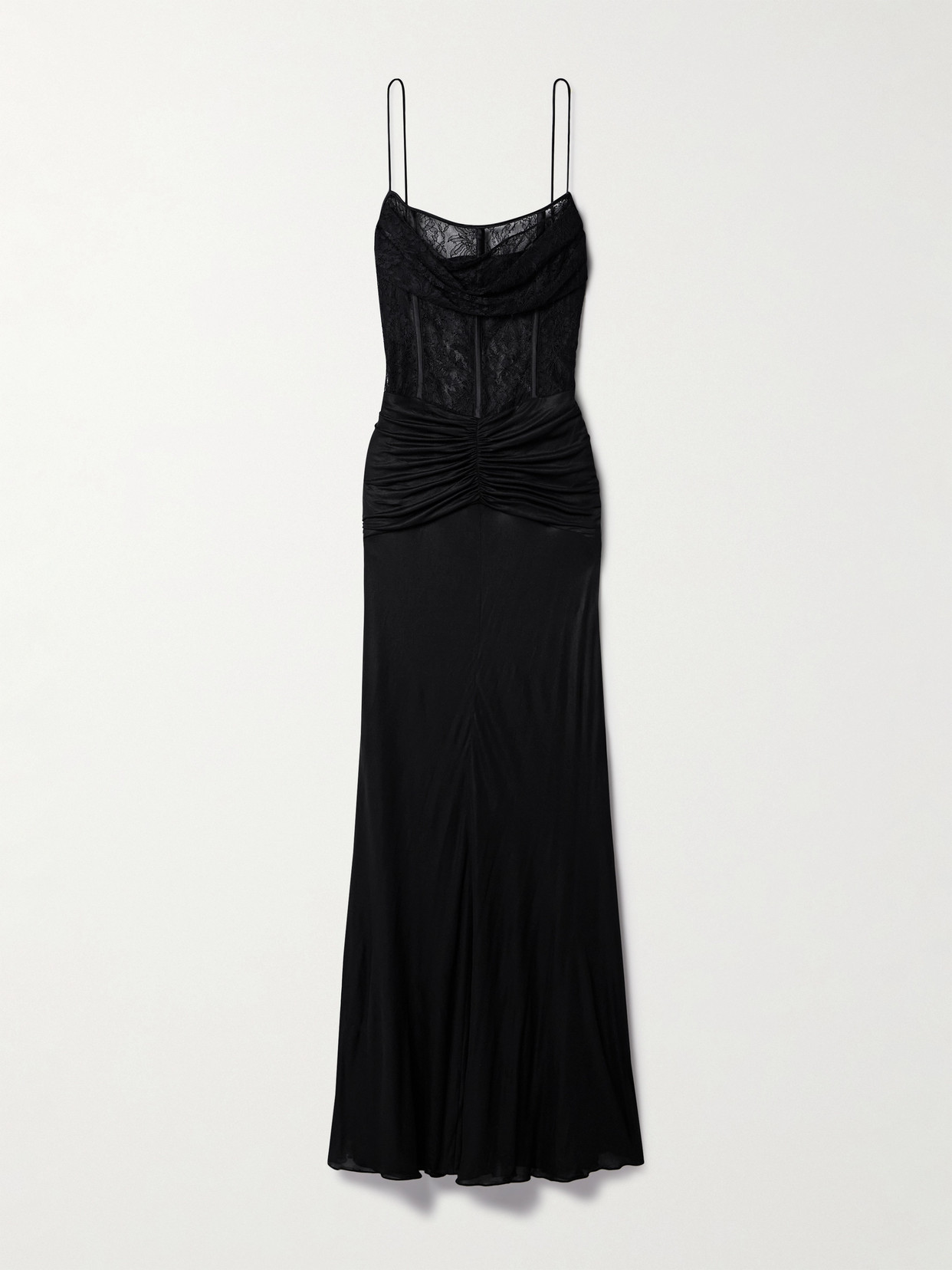 Alessandra Rich Lace-paneled Ruched Jersey Maxi Dress In Black