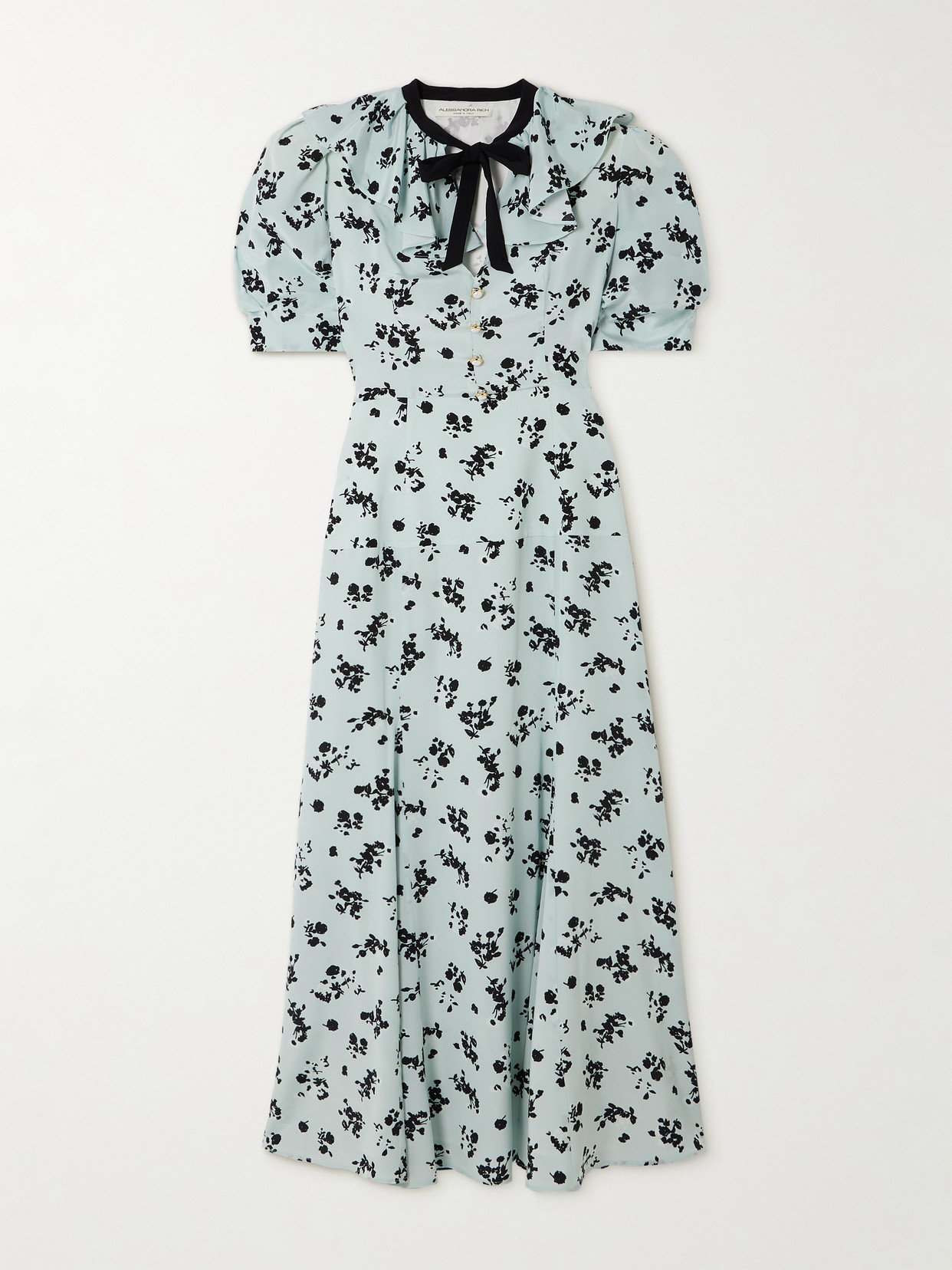 Shop Alessandra Rich Bow-detailed Floral-print Silk Crepe De Chine Maxi Dress In Blue