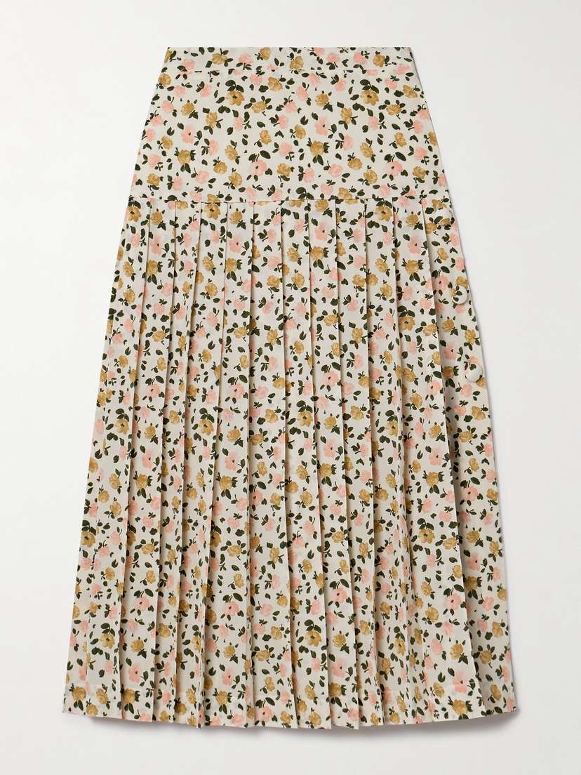 Alessandra Rich Pleated Floral-print Silk-crepe Midi Skirt