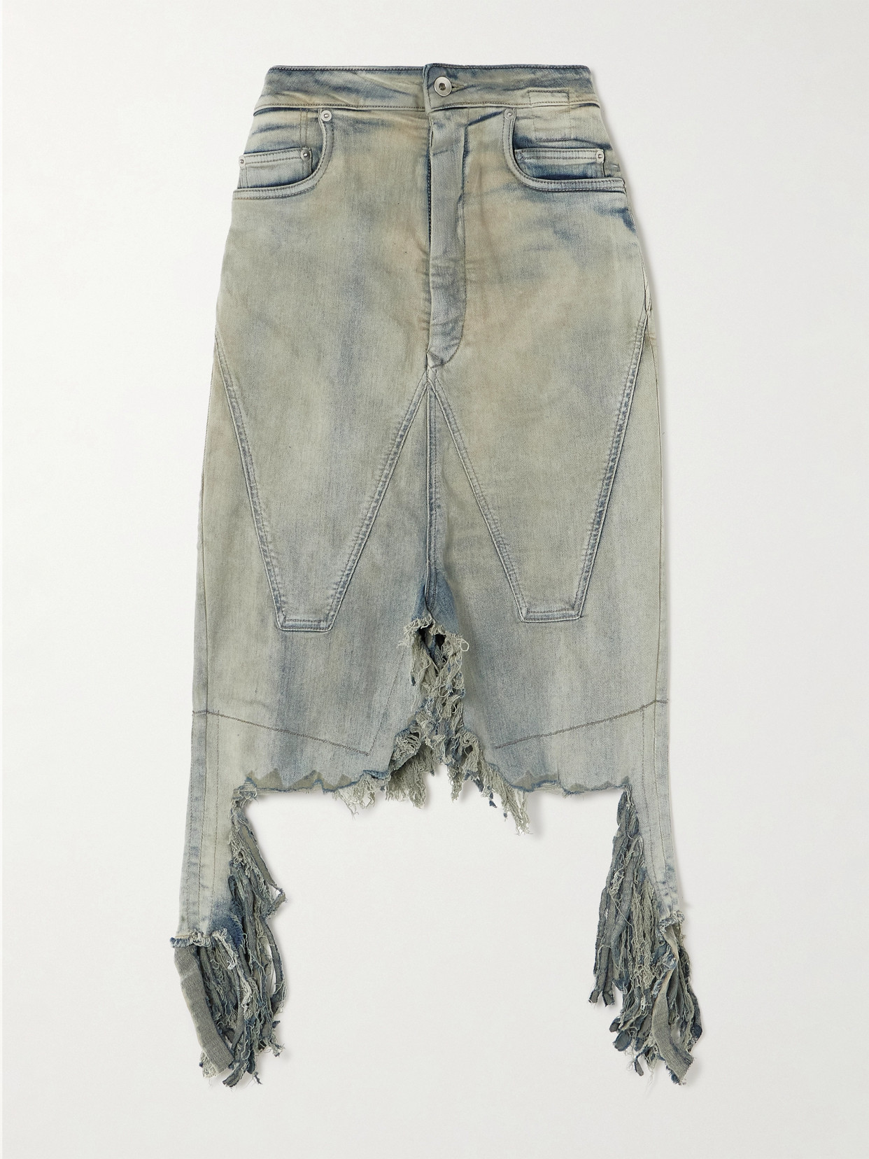 Rick Owens Distressed Denim Midi Skirt In Blue