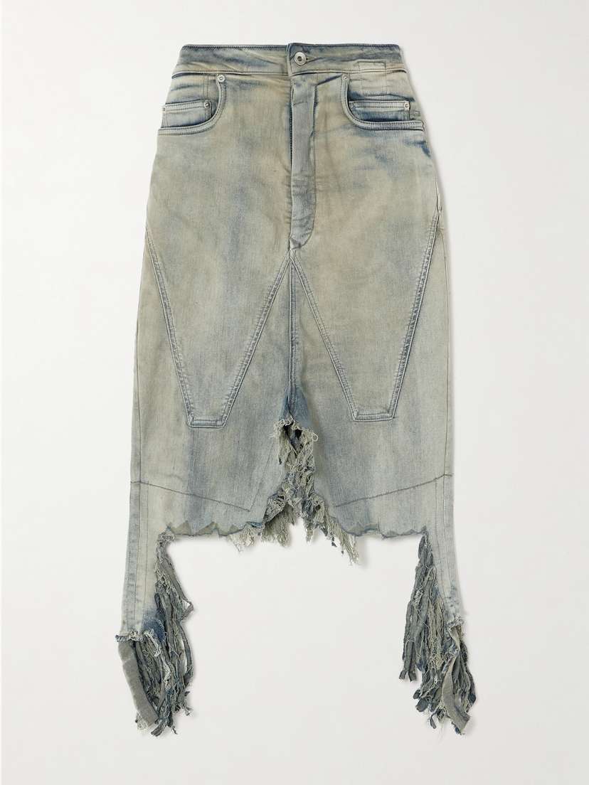Rick Owens Distressed Denim Midi Skirt