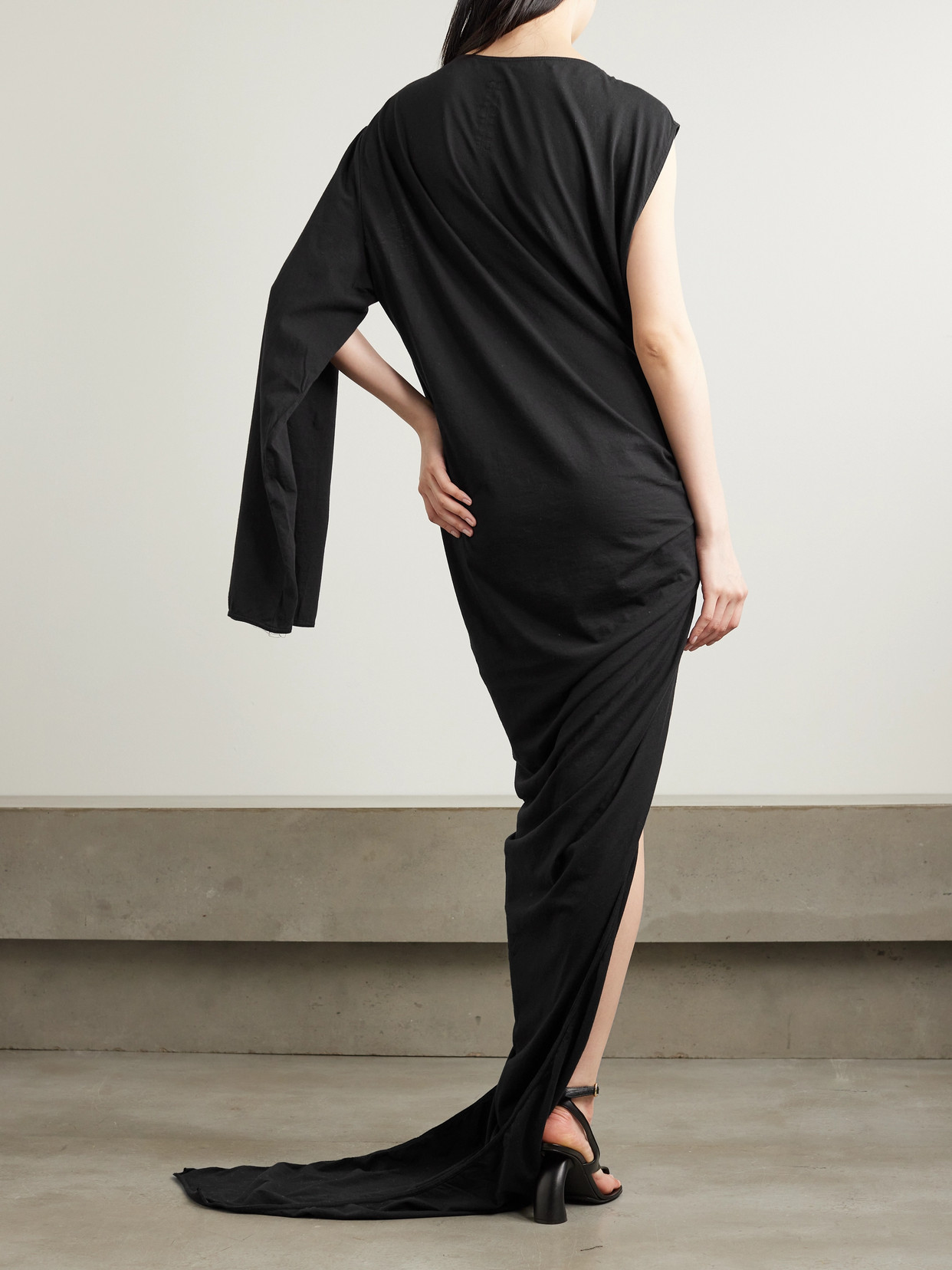 Shop Rick Owens Edfu One-sleeve Draped Asymmetric Cutout Cotton-jersey Gown In Black