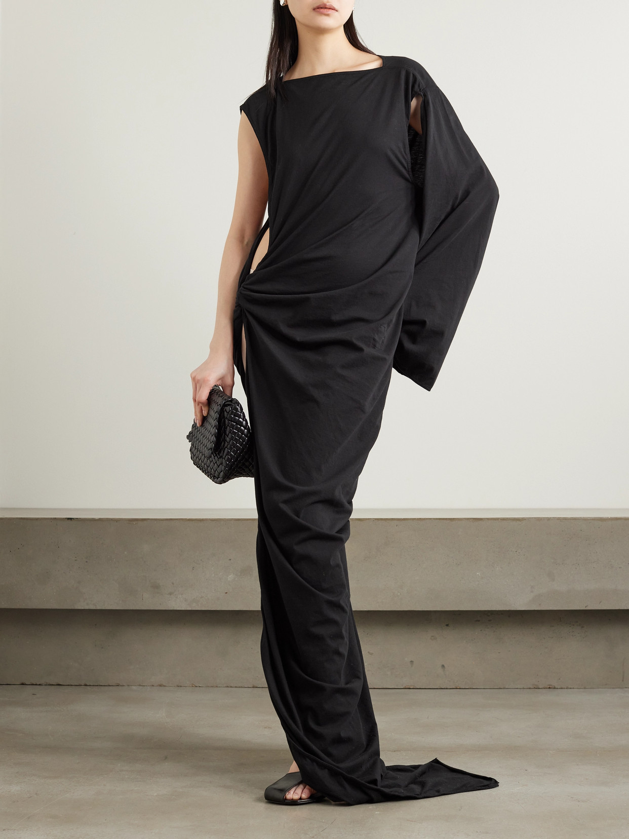 Shop Rick Owens Edfu One-sleeve Draped Asymmetric Cutout Cotton-jersey Gown In Black