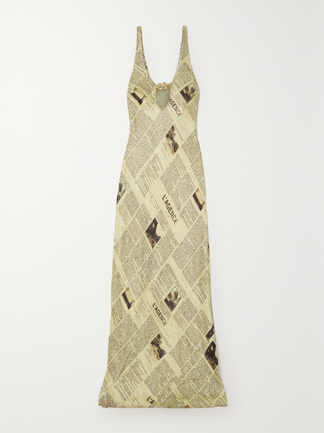 L Agence Yasmin Newspaper-printed Chain Cutout Gown In Gold