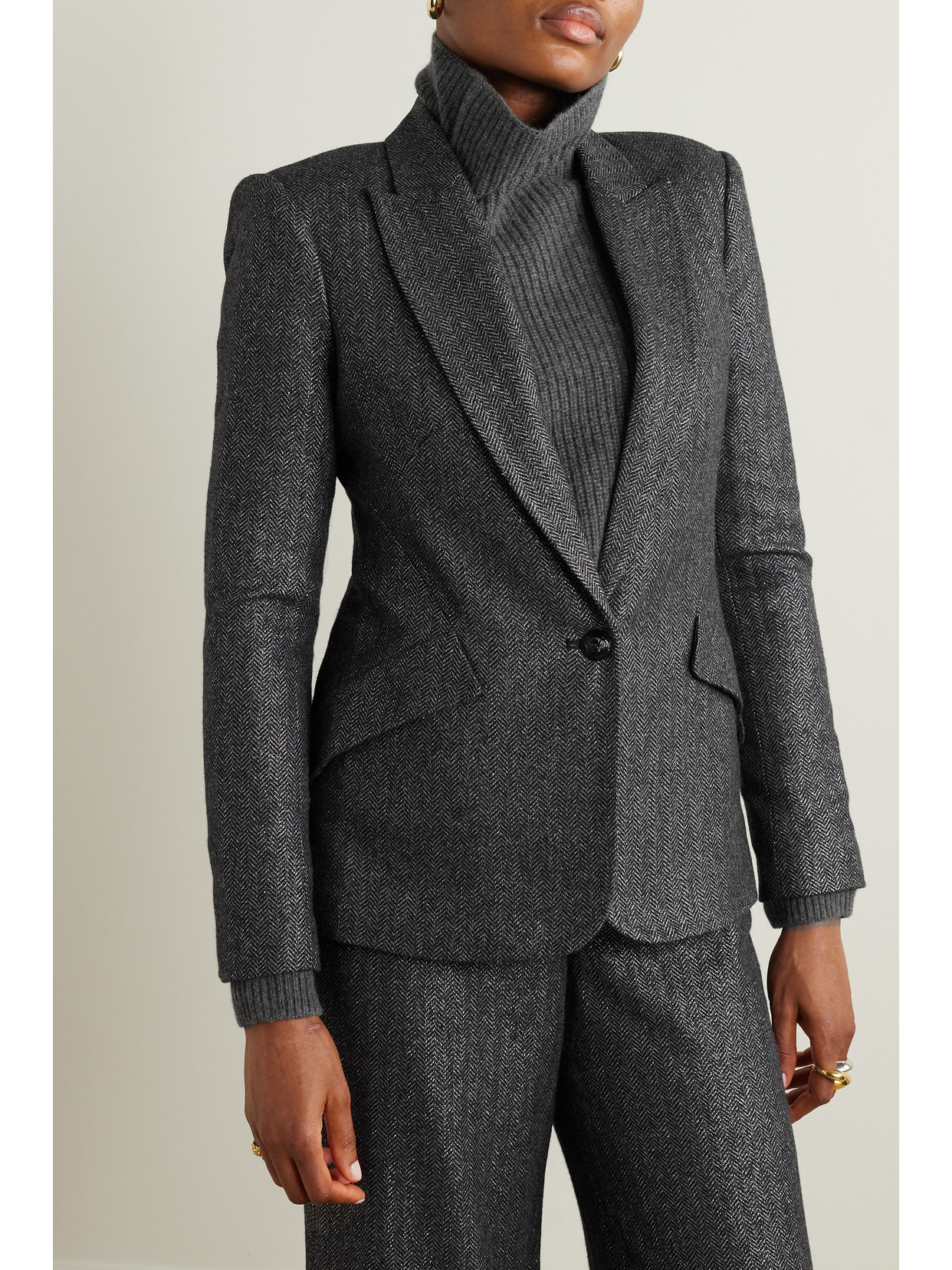 Shop L Agence Chamberlain Metallic Herringbone Wool-blend Blazer In Gray