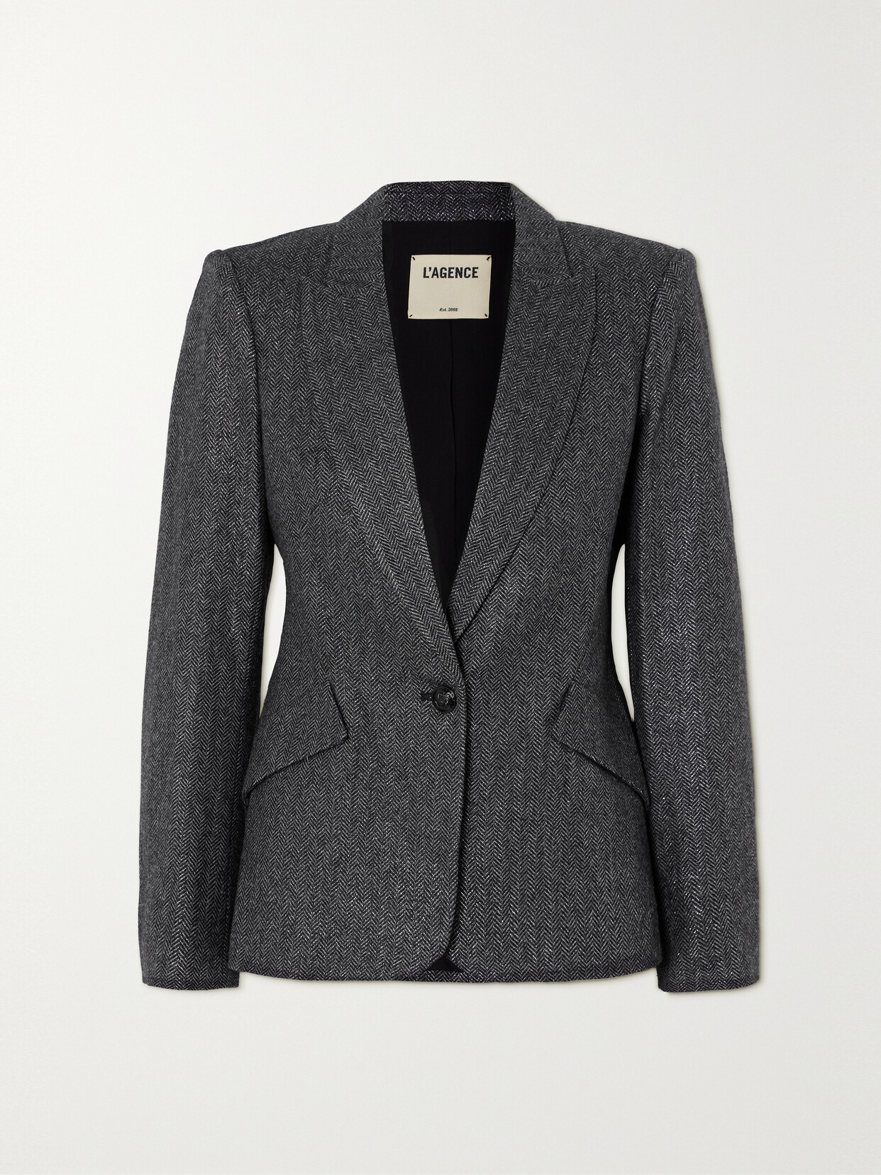 Shop L Agence Chamberlain Metallic Herringbone Wool-blend Blazer In Gray