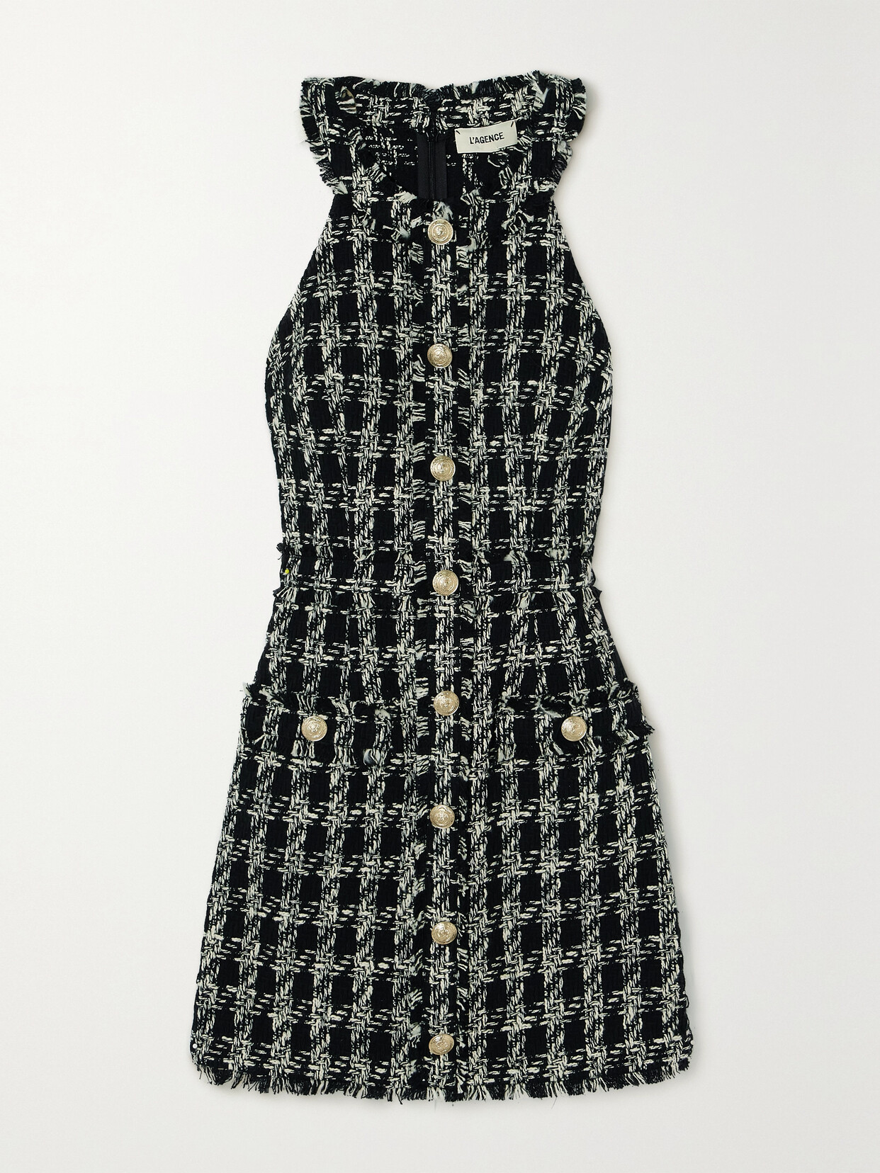 Shop L Agence Jade Button-embellished Frayed Cotton-tweed Mini Dress In Black