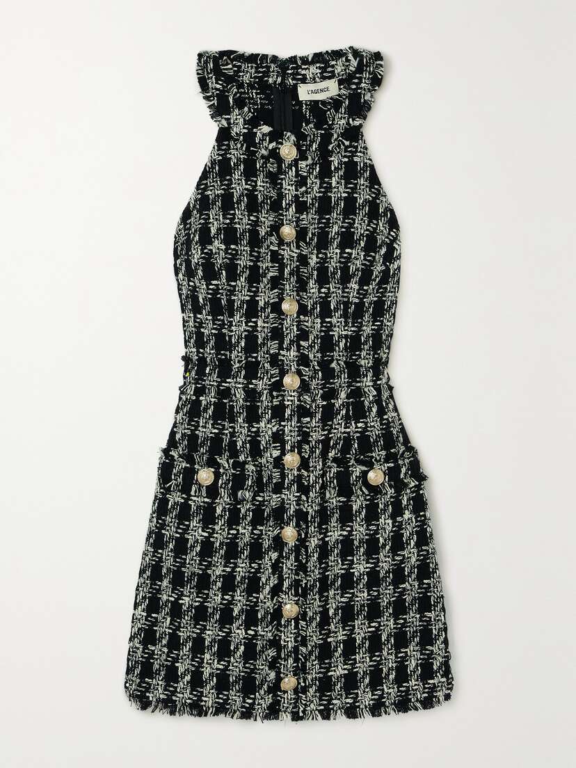 L'Agence Jade Button-embellished Frayed Cotton-tweed Mini Dress