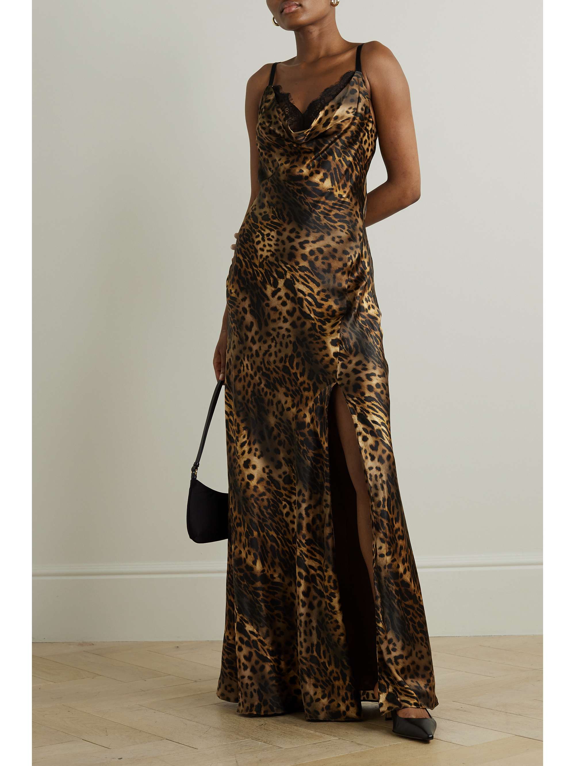 L'AGENCE Venice lace-trimmed leopard-print silk-satin maxi dress