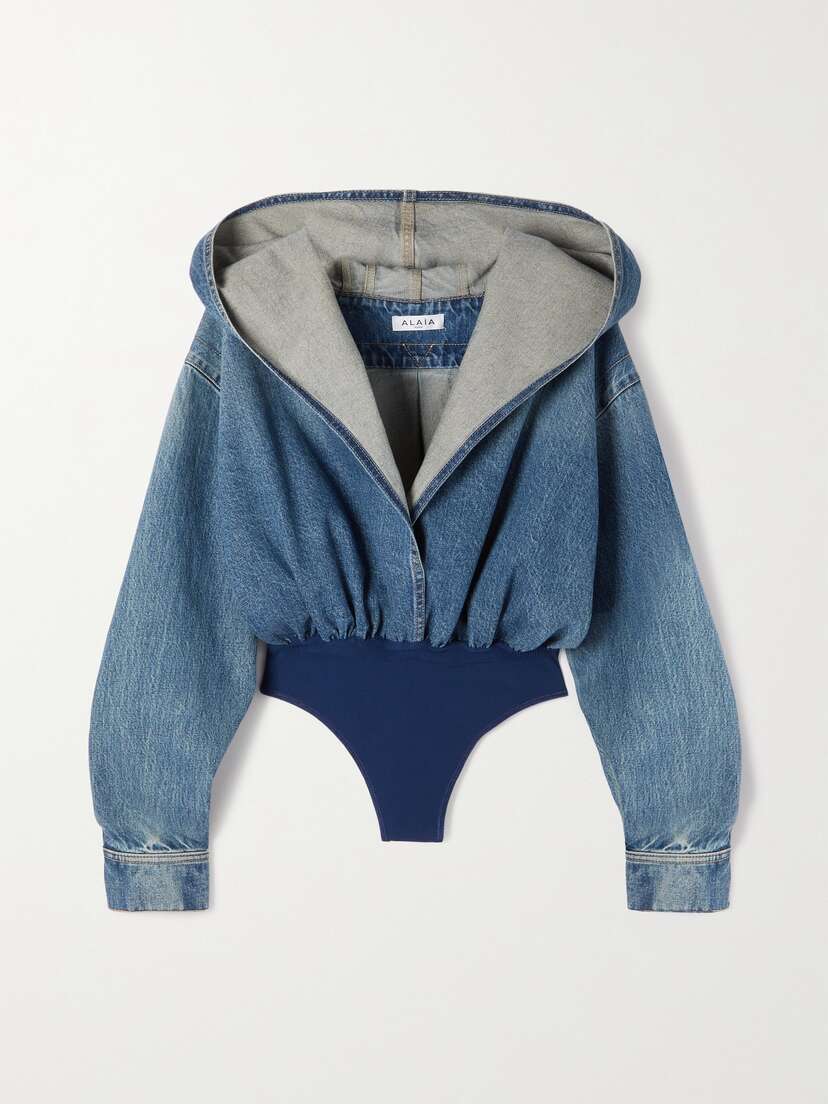 Alaïa Archetypes Hooded Denim And Stretch-knit Bodysuit