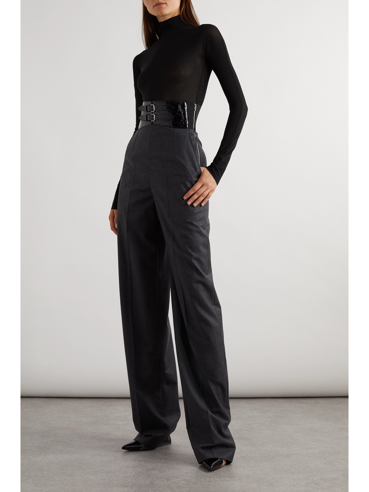Alaïa Archetypes Belted Wool-flannel Wide-leg Pants In Gray