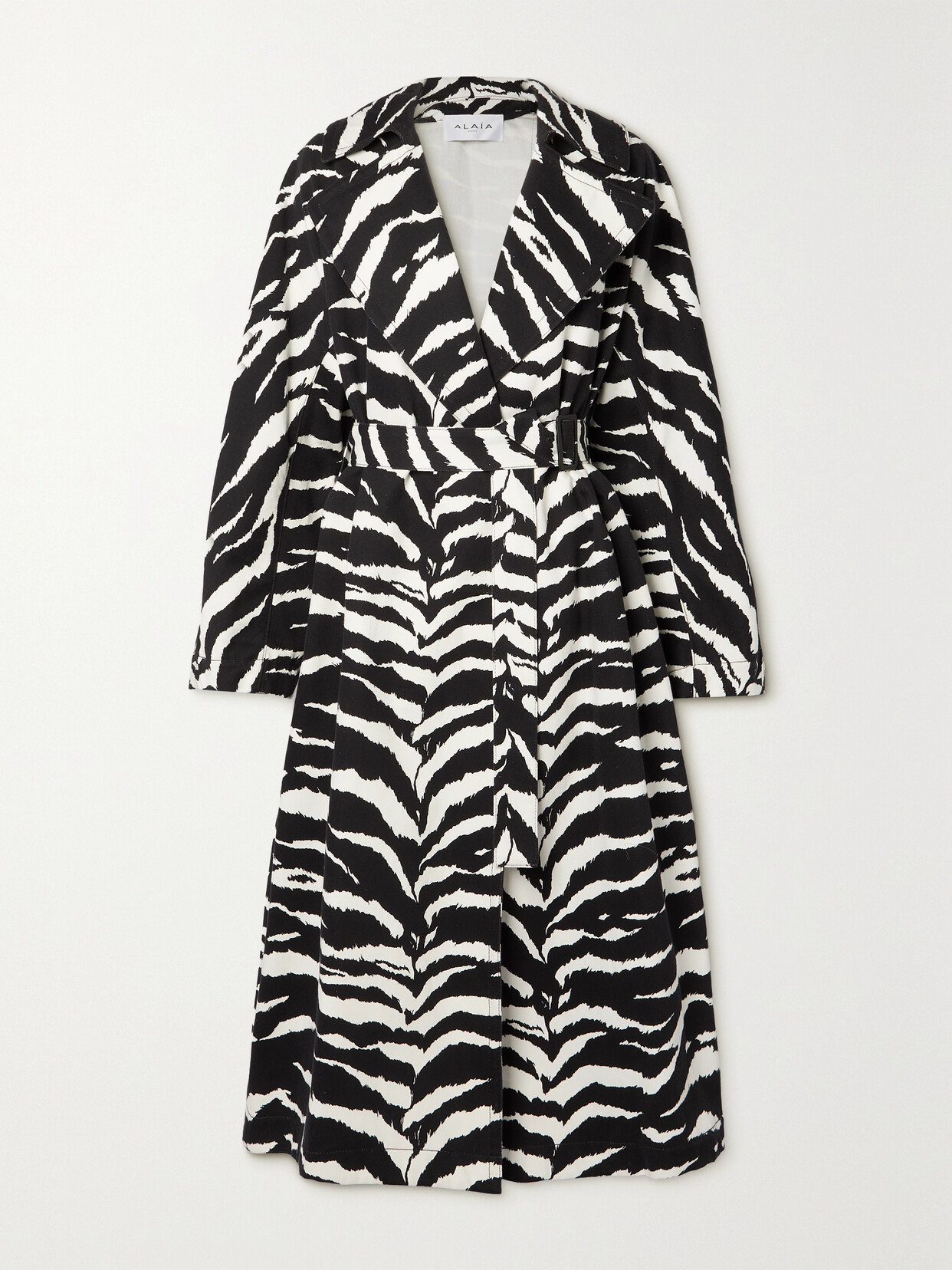 Alaïa Archetypes Belted Leather-trimmed Zebra-print Denim Trench Coat In Black