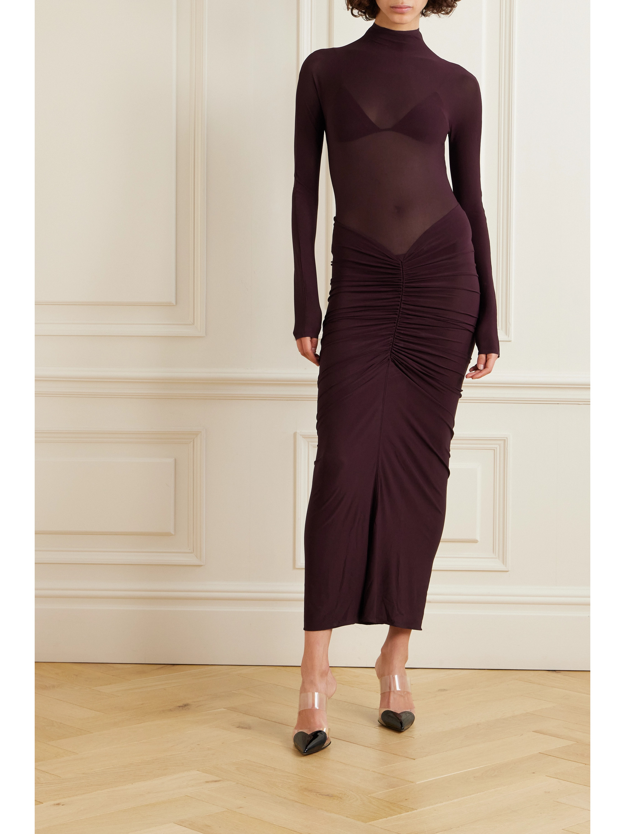 Alaïa Archetypes ruched stretch-jersey turtleneck midi dress
