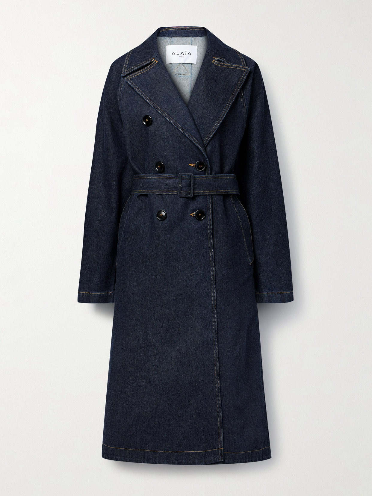 Shop Alaïa Archetypes Double-breasted Belted Denim Trench Coat In Blue