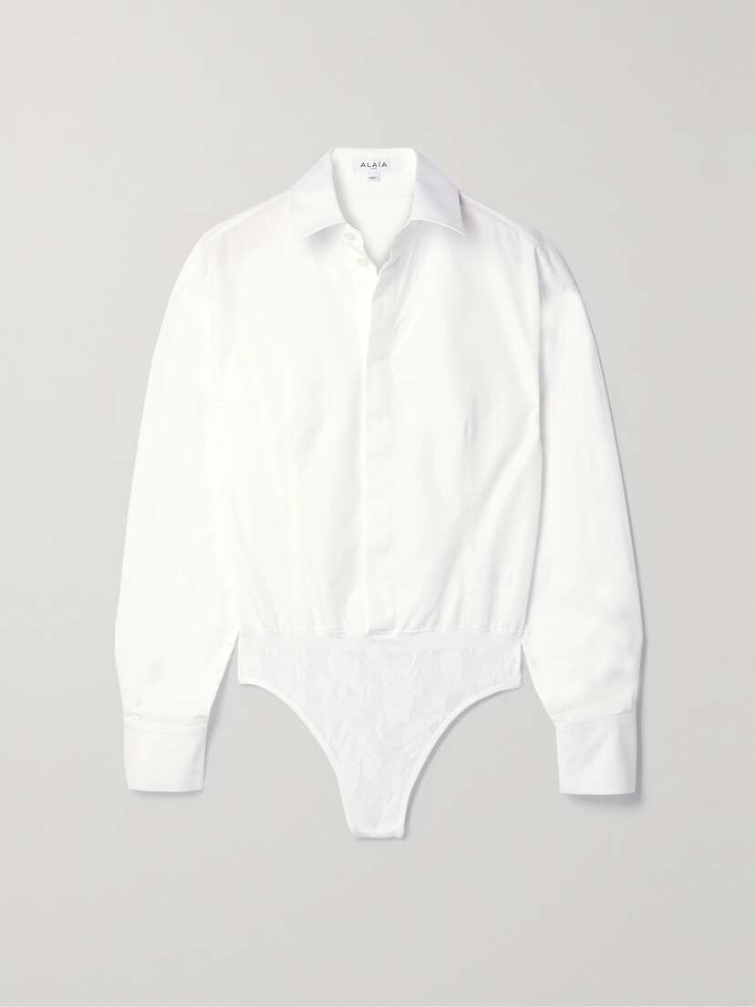 Alaïa Archetypes Crocheted Lace-trimmed Cotton-poplin Bodysuit