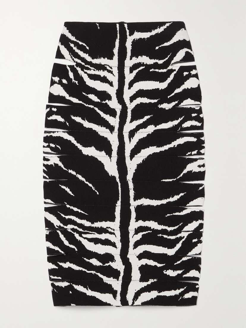 Alaïa Archetypes Cutout Paneled Zebra-print Stretch-knit Midi Skirt