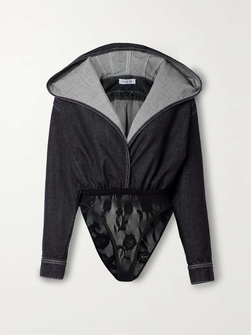 Alaïa Archetypes Hooded Denim And Stretch-lace Bodysuit