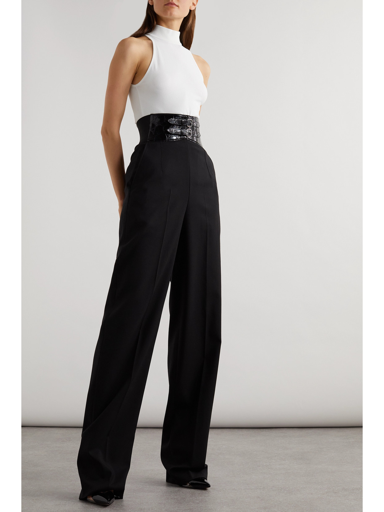 Alaïa Archetypes Belted Wool-blend Gabardine Wide-leg Pants In Black
