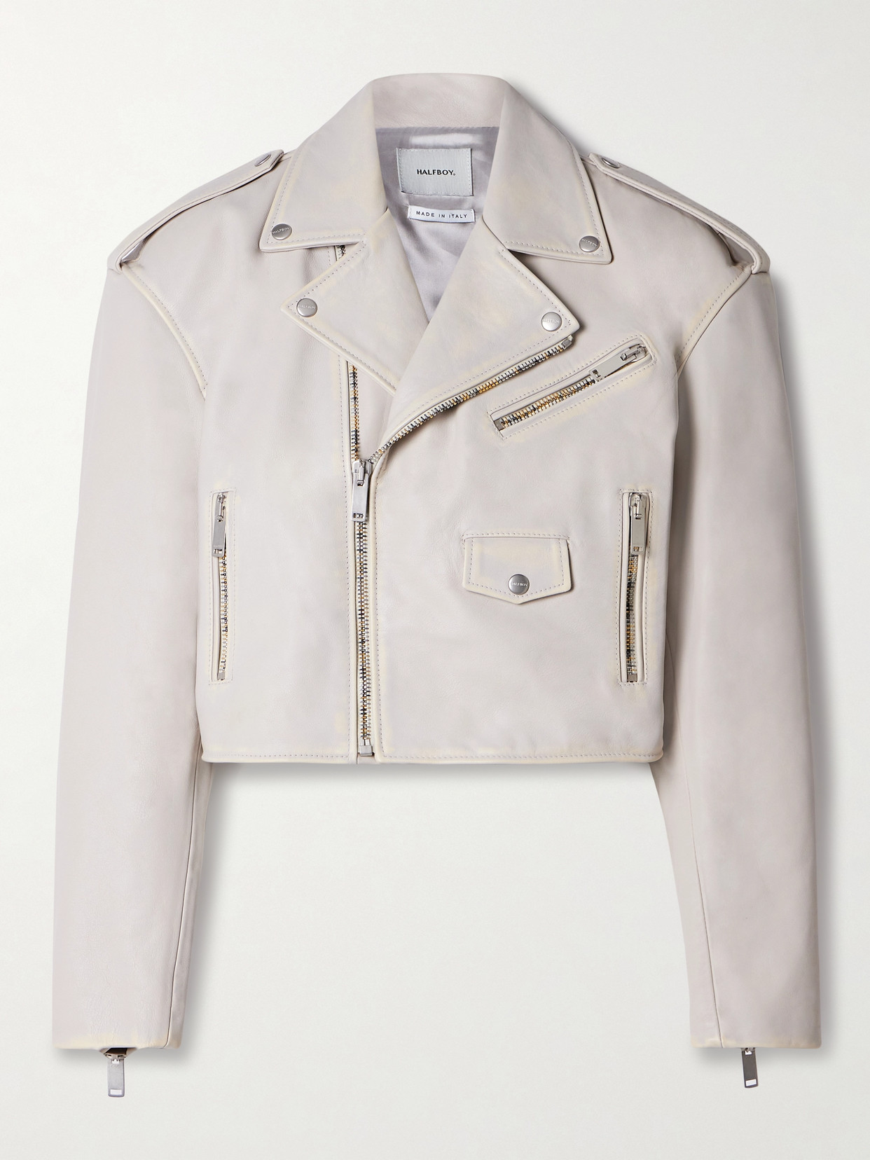 Halfboy Chiodo Cropped Leather Biker Jacket In Off-white