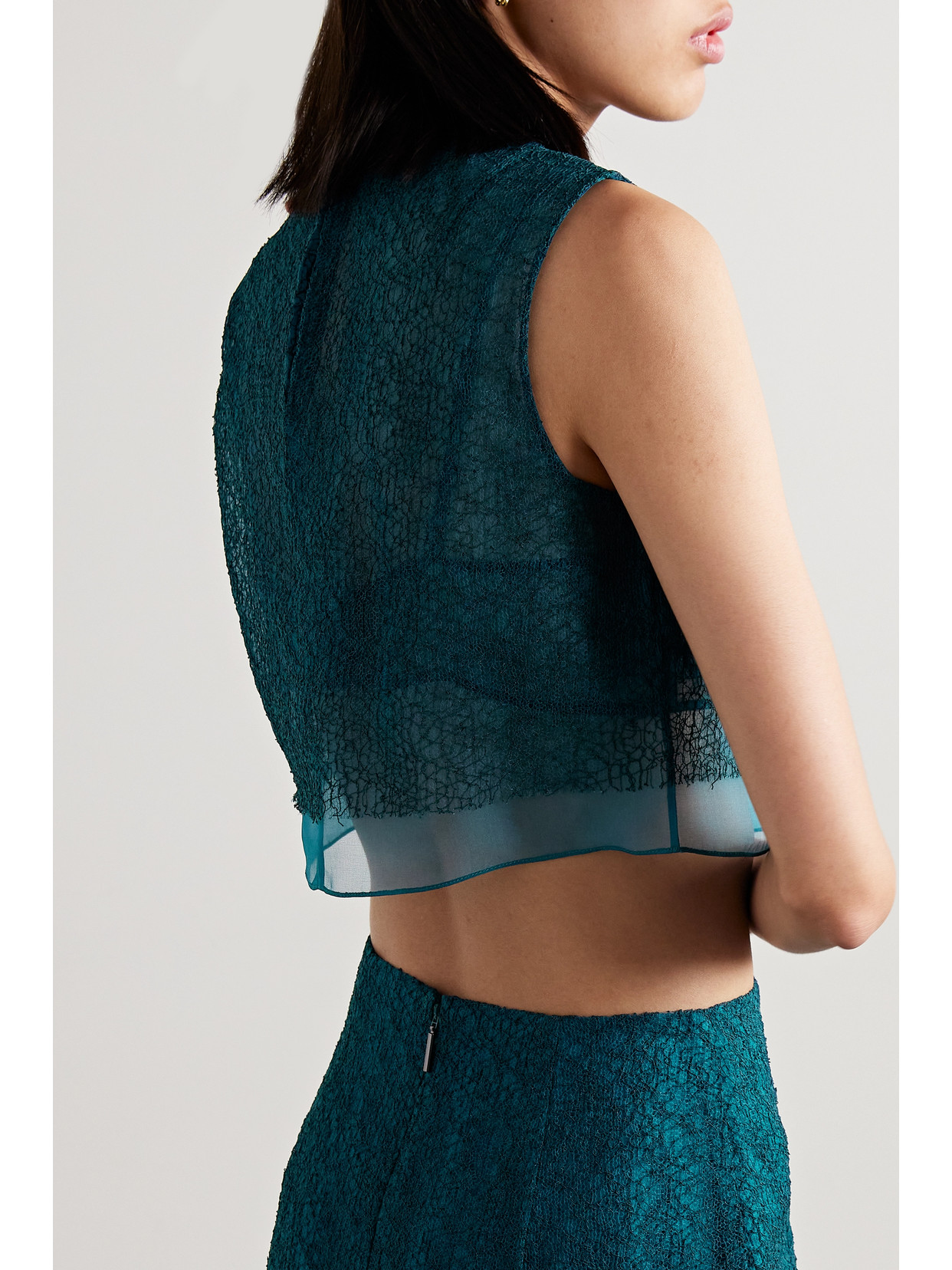Jason Wu Collection Cropped Layered Corded Lace And Silk-organza Top In Green