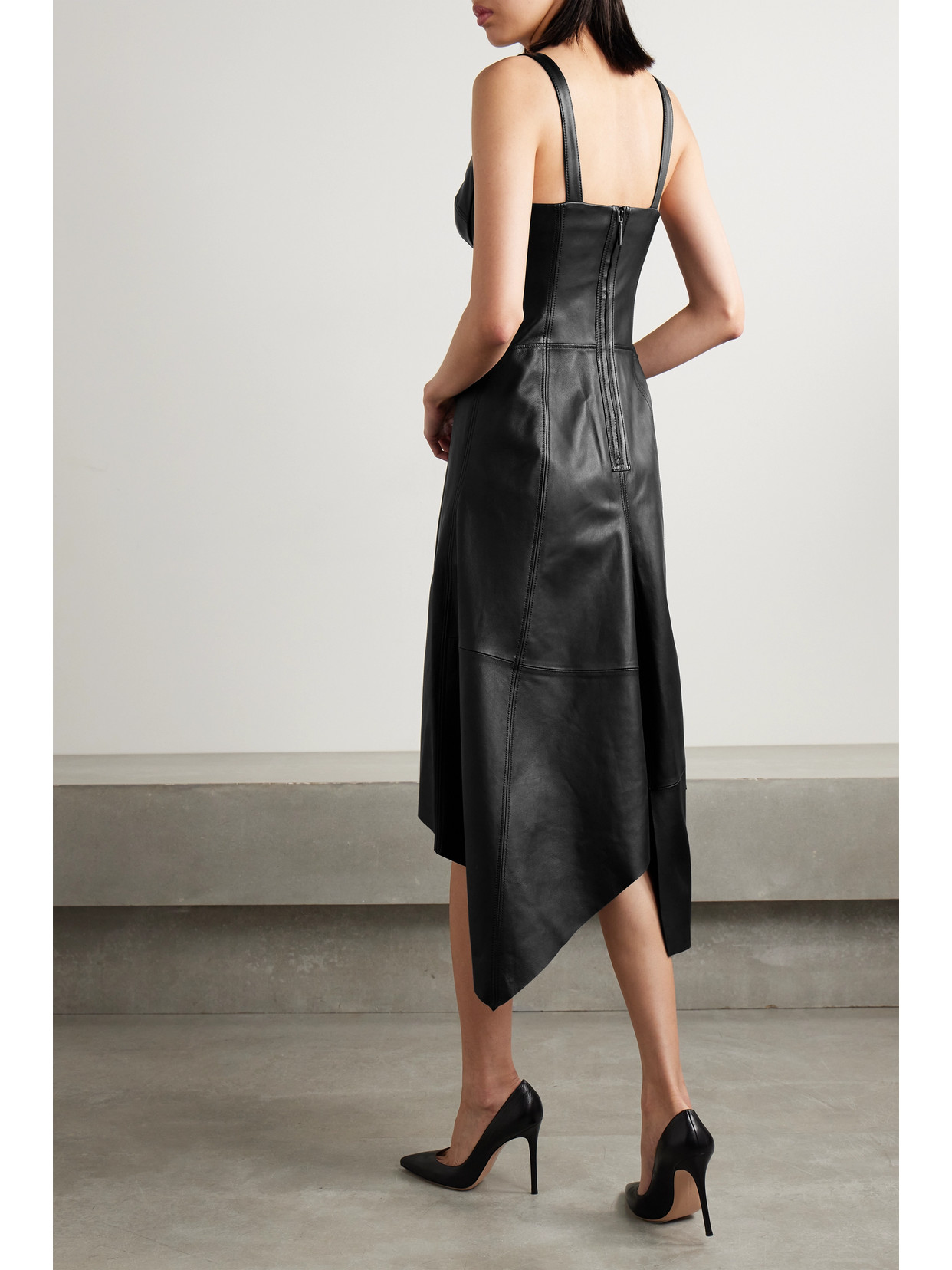 Shop Jason Wu Collection Asymmetric Paneled Leather Midi Dress In Black