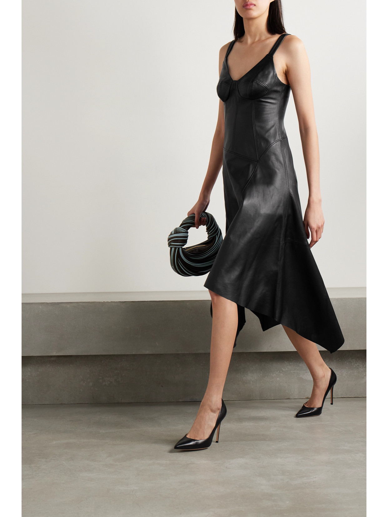 Shop Jason Wu Collection Asymmetric Paneled Leather Midi Dress In Black