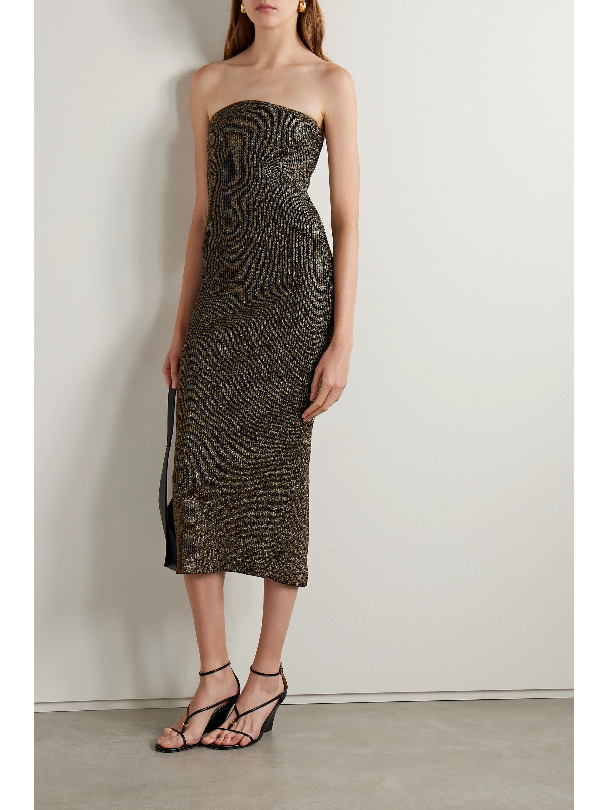 KHAITE Rumer metallic ribbed-knit midi dress