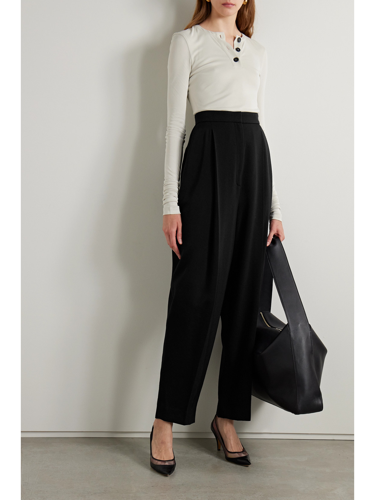 Shop Khaite Ashford Pleated Wool-blend Twill Tapered Pants In Black