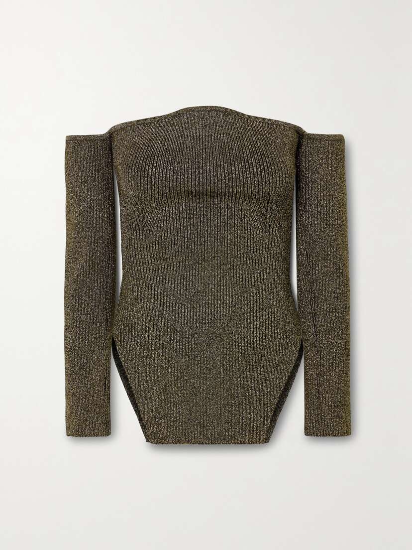 Khaite Maria Off-the-shoulder Metallic Ribbed-knit Sweater