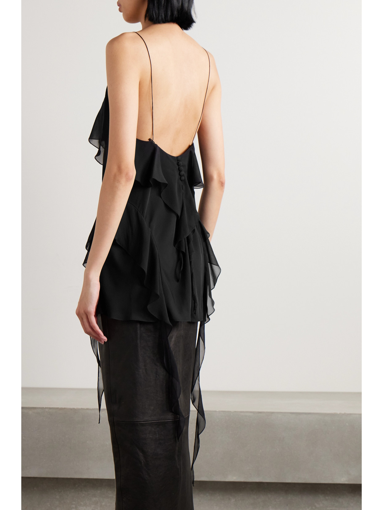 Khaite Piet Cascading-ruffle Sleeveless Tunic Top In Black