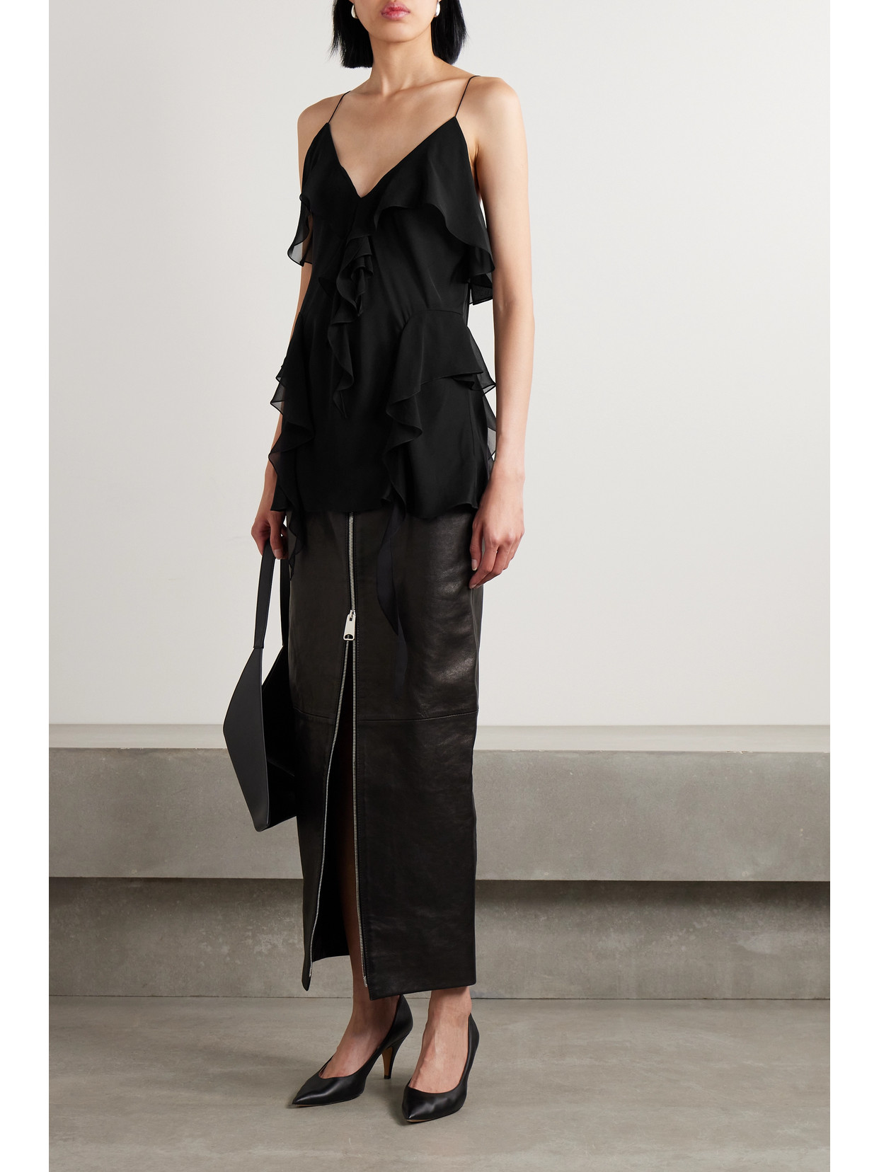 Khaite Piet Cascading-ruffle Sleeveless Tunic Top In Black