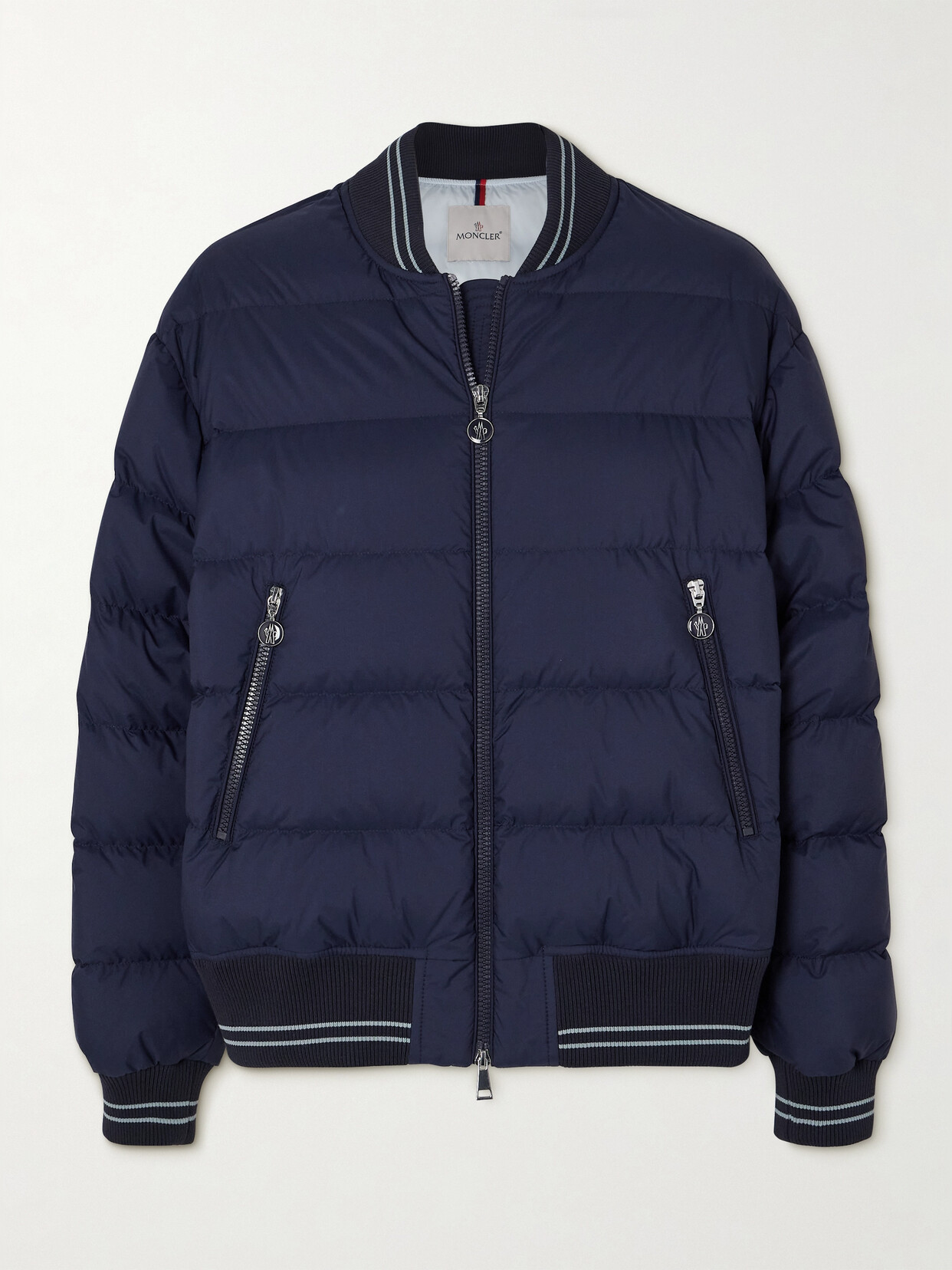 Moncler Argo Ribbed Knit-trimmed Quilted Shell Down Bomber Jacket In Blue