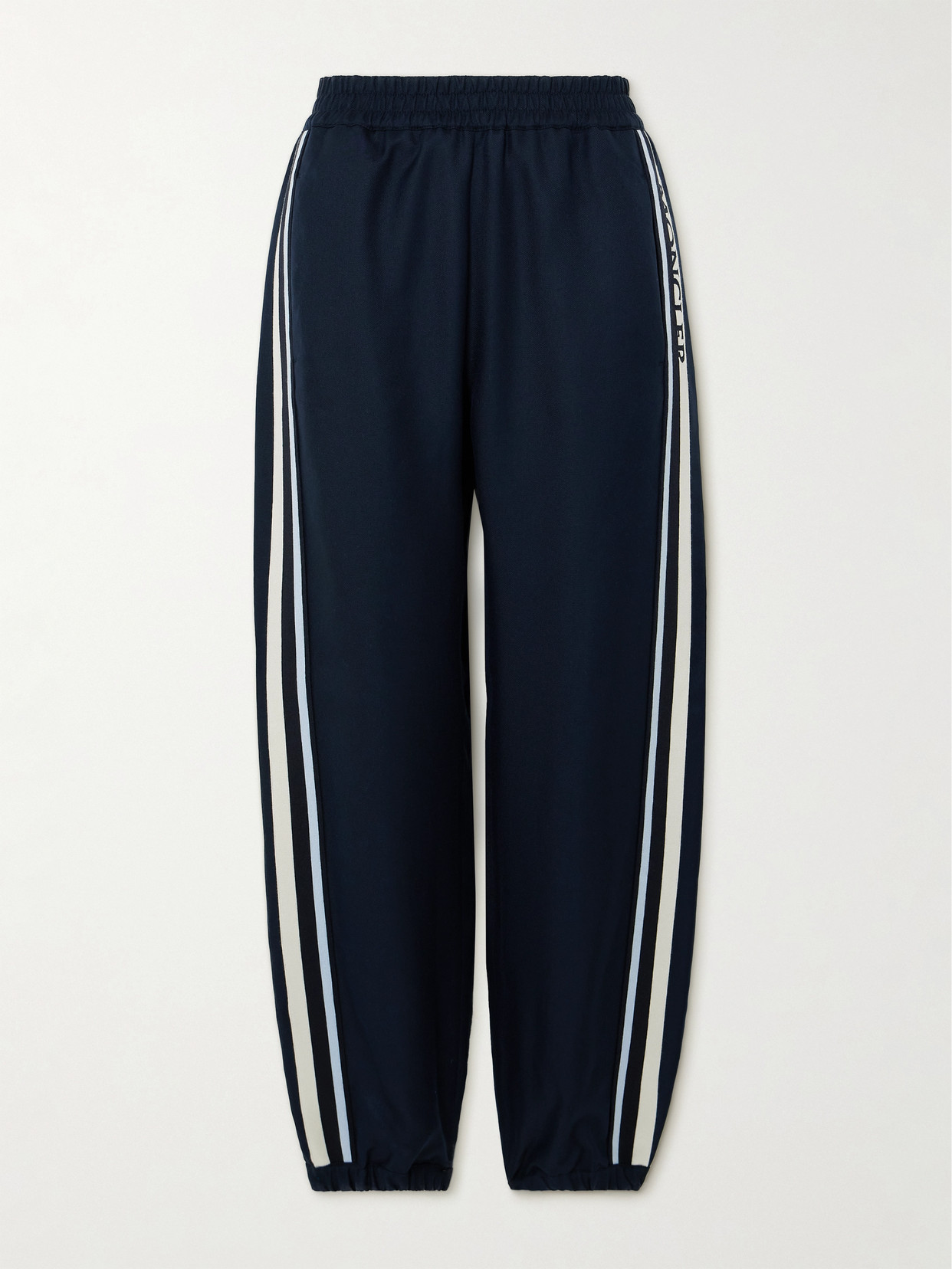 Moncler Embroidered Grosgrain-trimmed Jersey Tapered Track Trousers In Blue