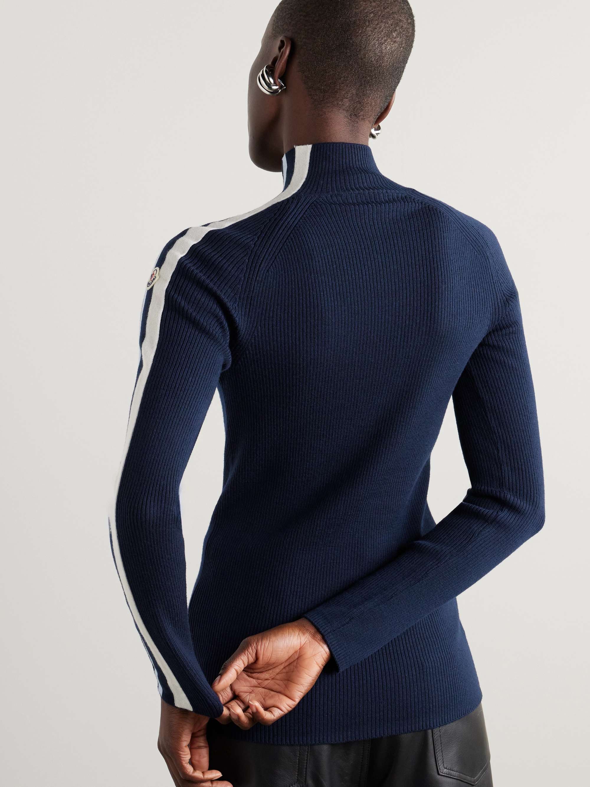 MONCLER Embroidered striped ribbed wool turtleneck sweater
