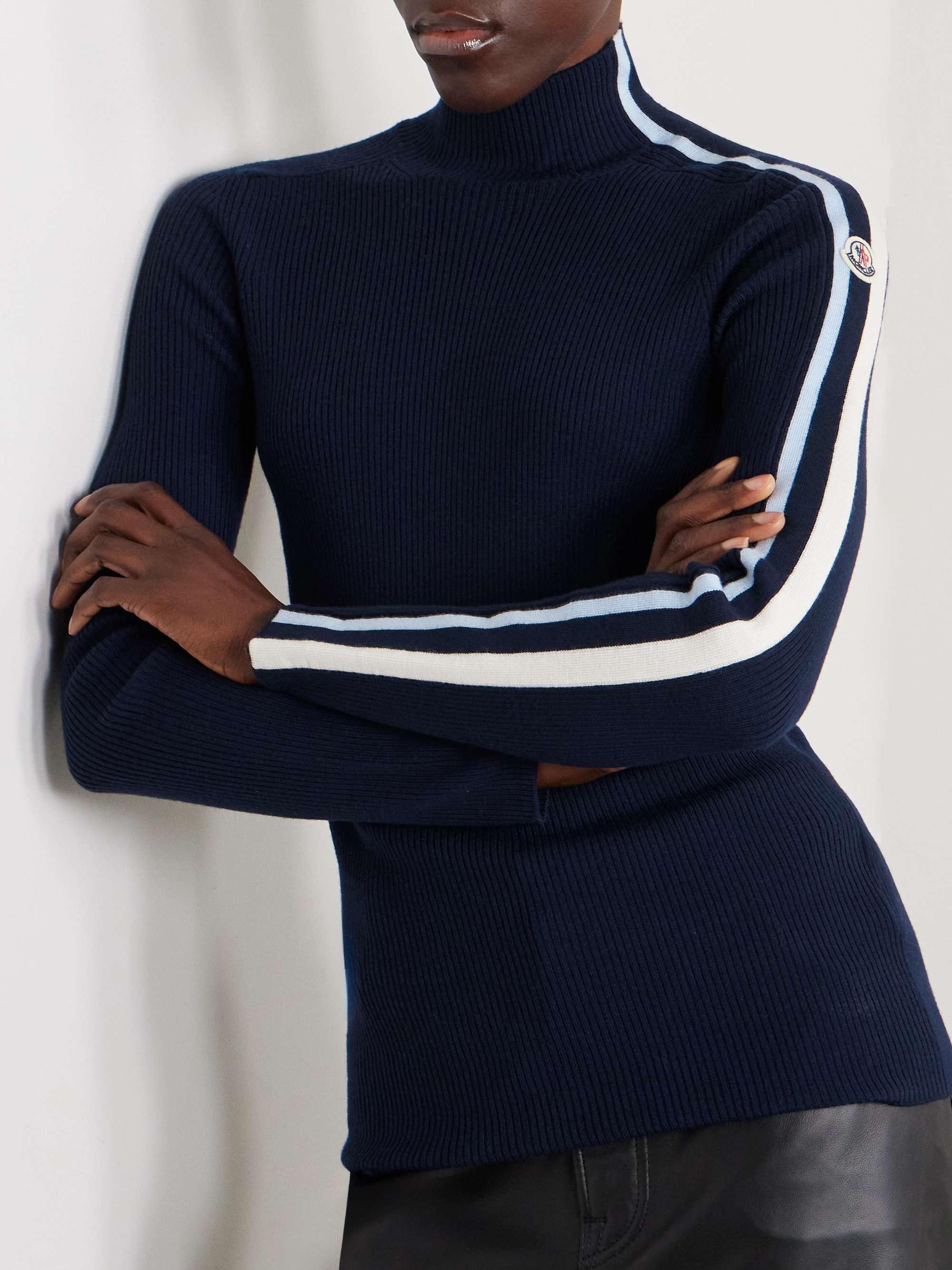 MONCLER Embroidered striped ribbed wool turtleneck sweater