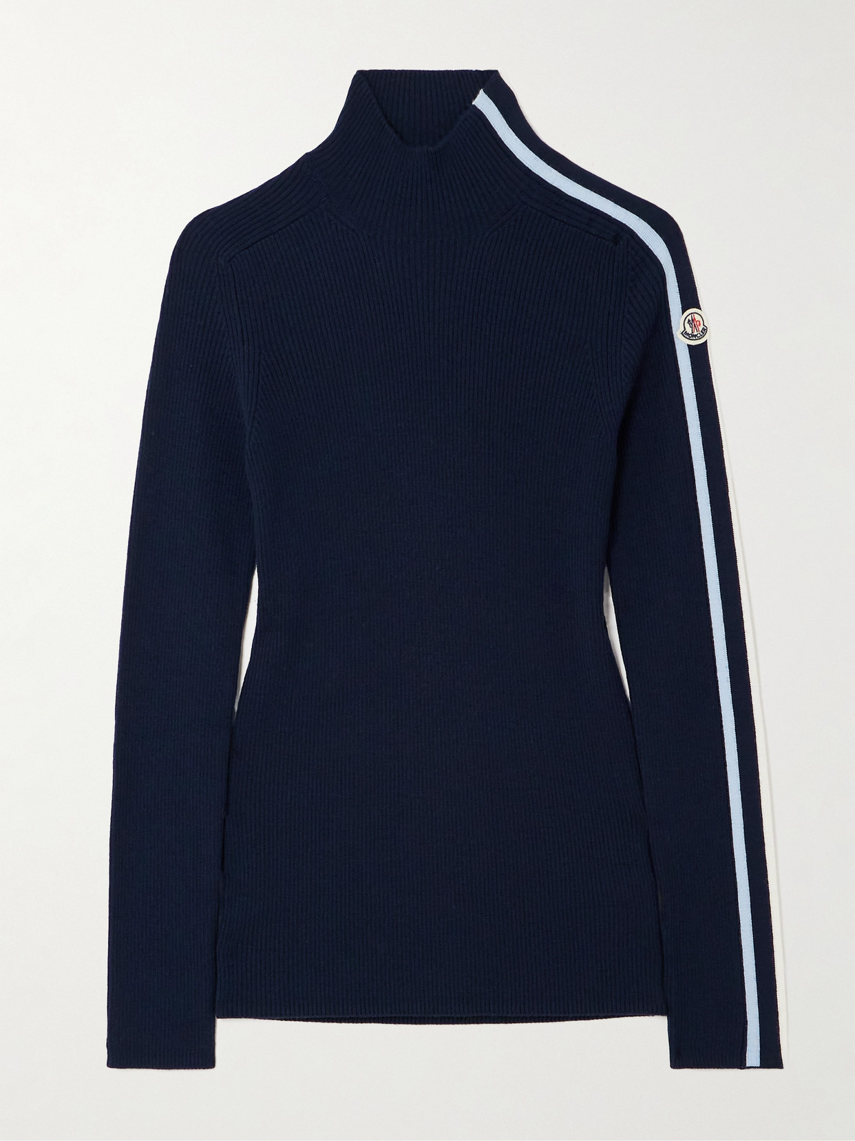 Moncler Turtleneck Striped Ribbed Wool Jumper In Blue