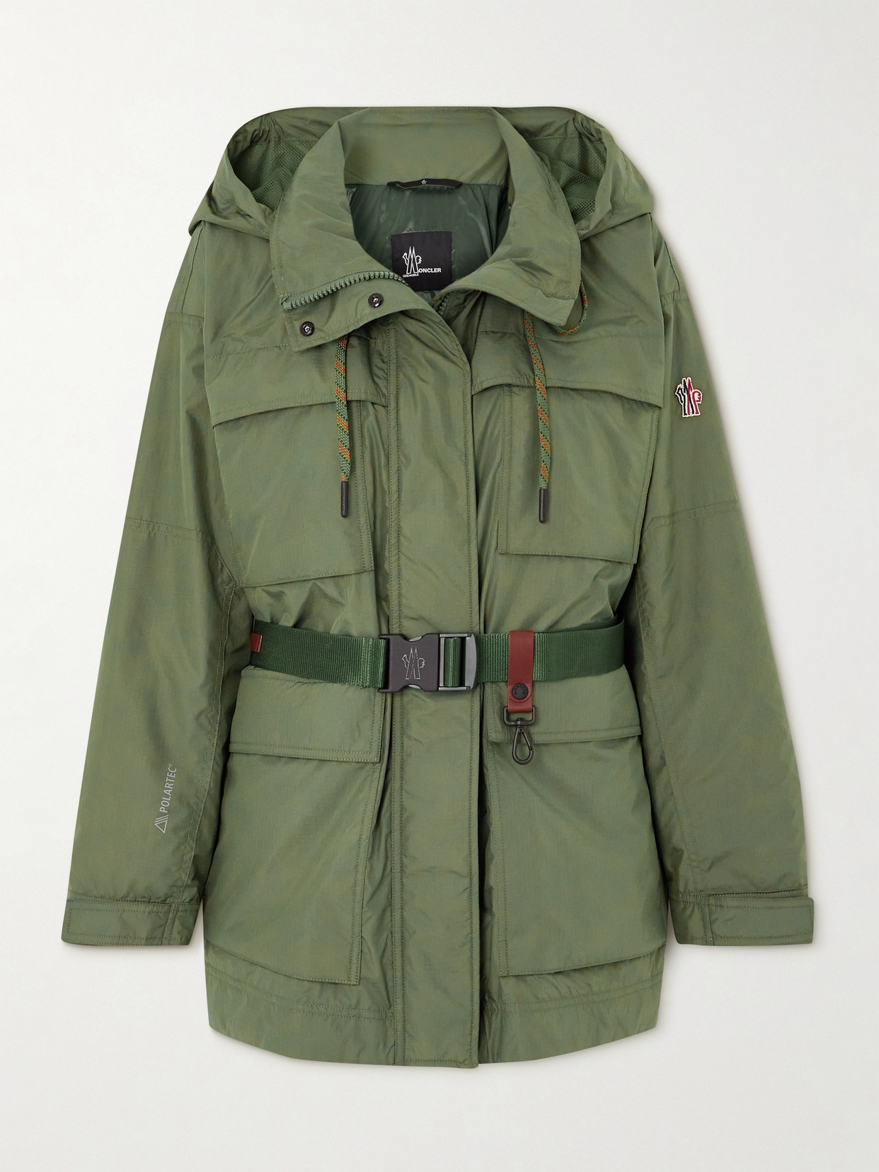 Moncler Nuvolau Polartec Belted Hooded Ripstop Jacket In Green