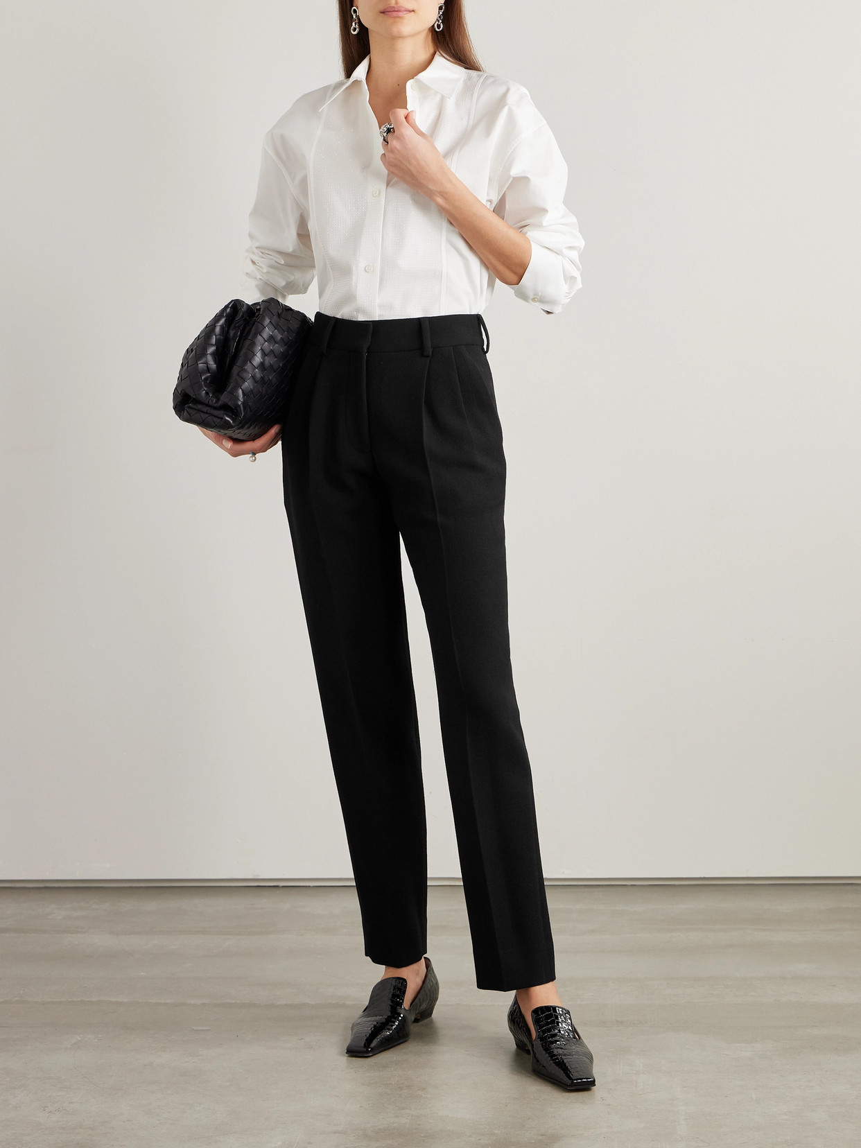 Shop Blazé Milano Pleated Wool-crepe Straight-leg Pants In Black