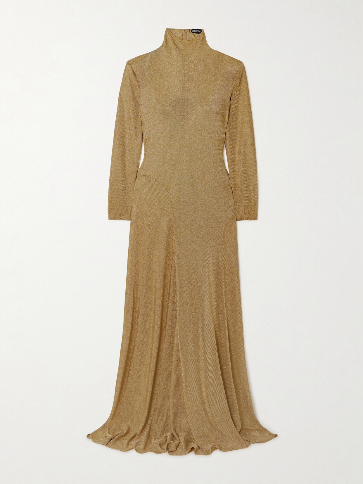 Tom Ford Paneled Metallic Jersey Turtleneck Gown In Gold