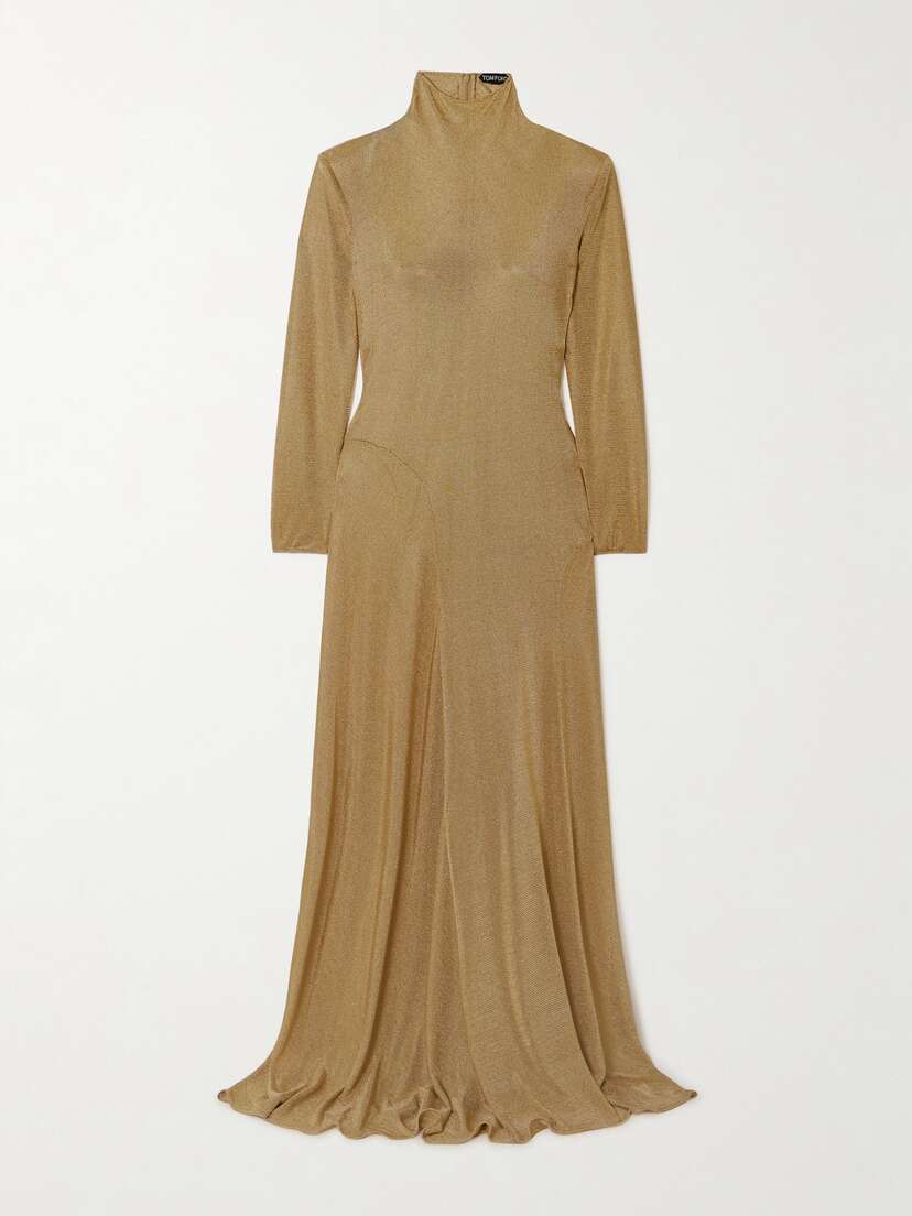 Tom Ford Paneled Metallic Jersey Turtleneck Gown