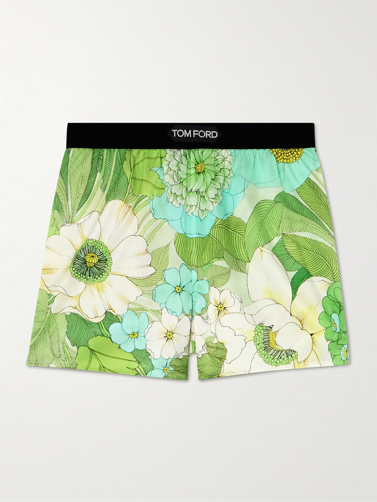 Tom Ford Velvet-trimmed Floral-print Silk-blend Satin Shorts In Green