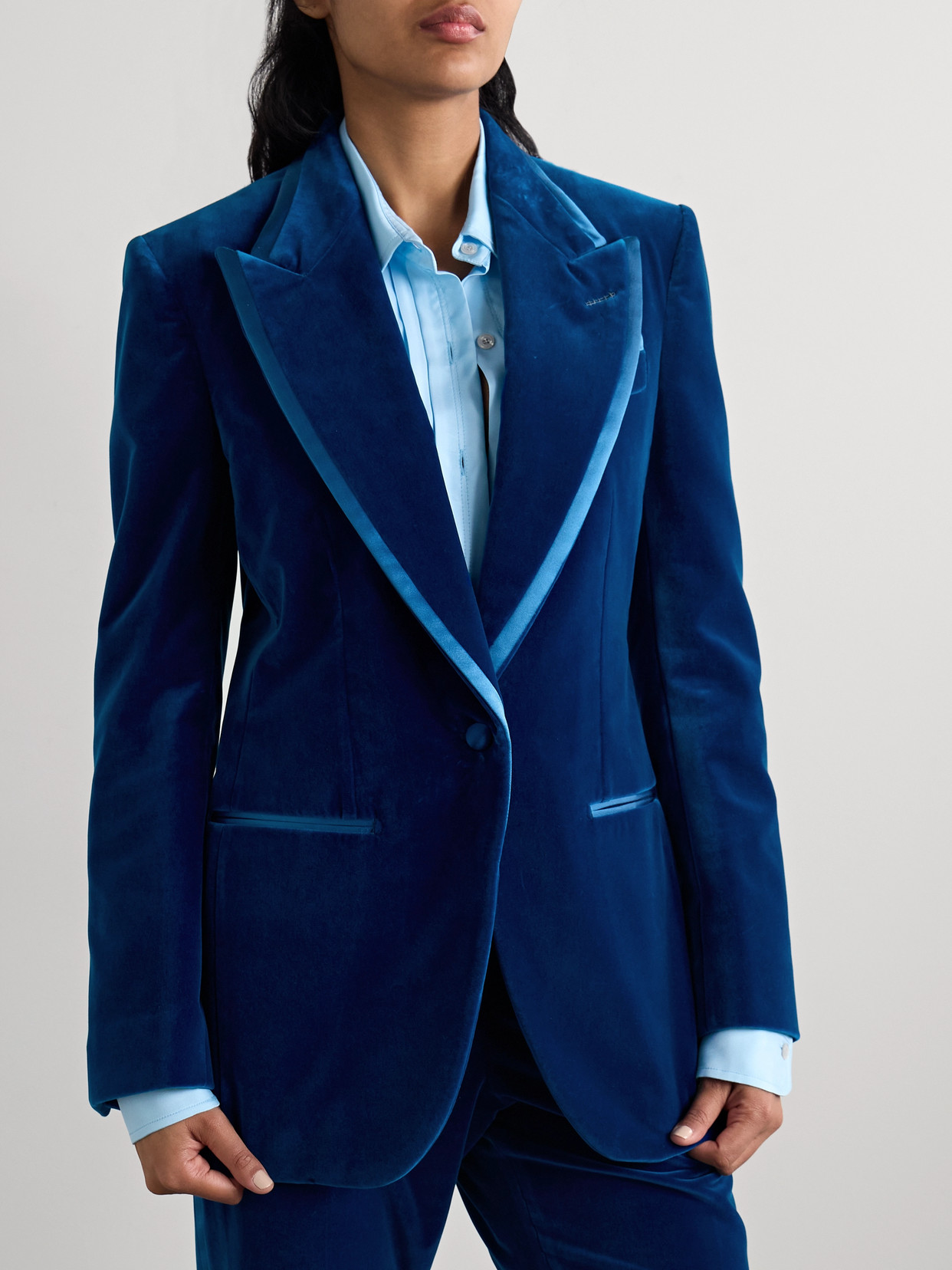 Tom Ford Silk Satin-trimmed Cotton-velvet Blazer In Blue